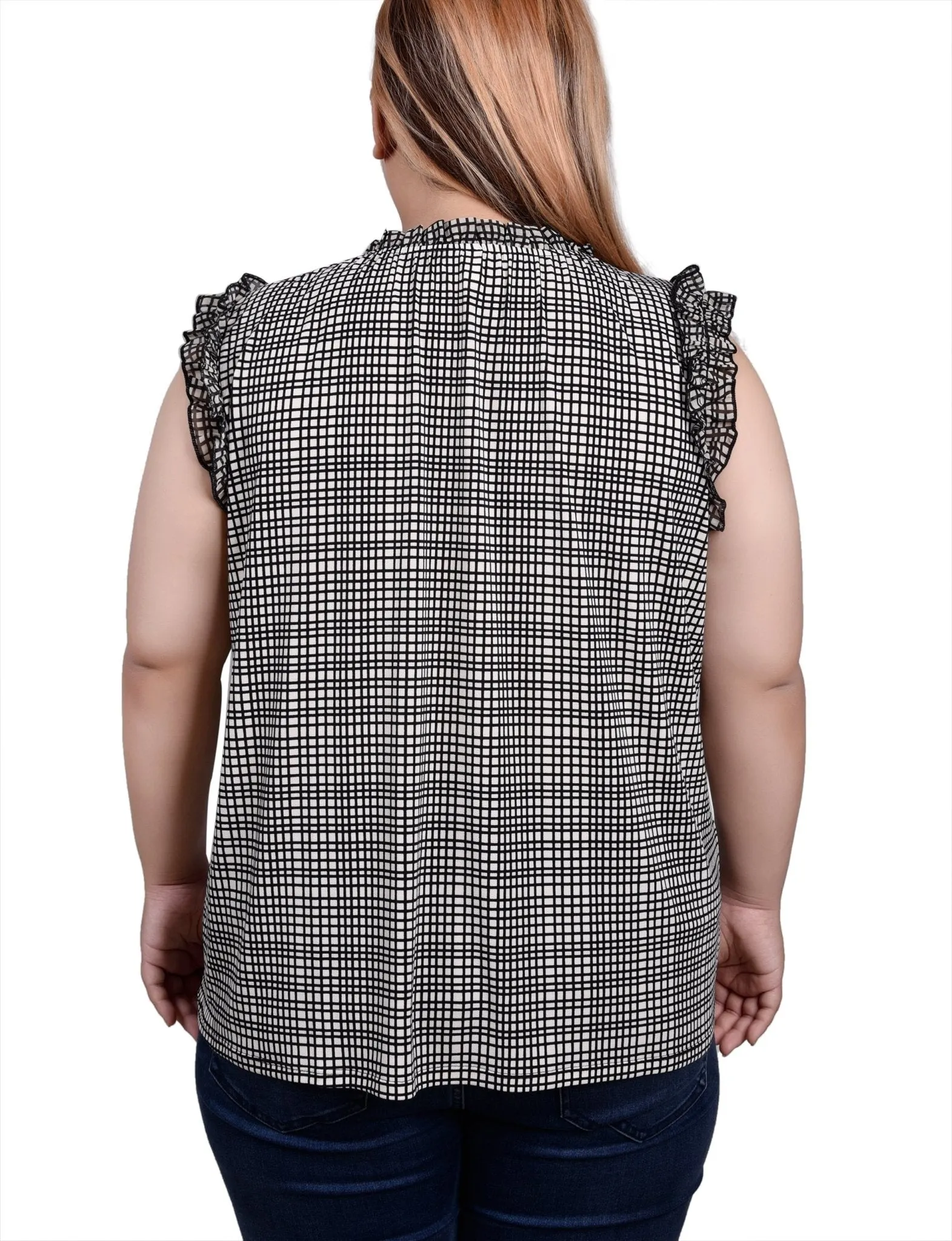 Windowpane Sleeveless Crepe Top With Chiffon Ruffles - Plus sold by Dress Barn product image thumbnail 4