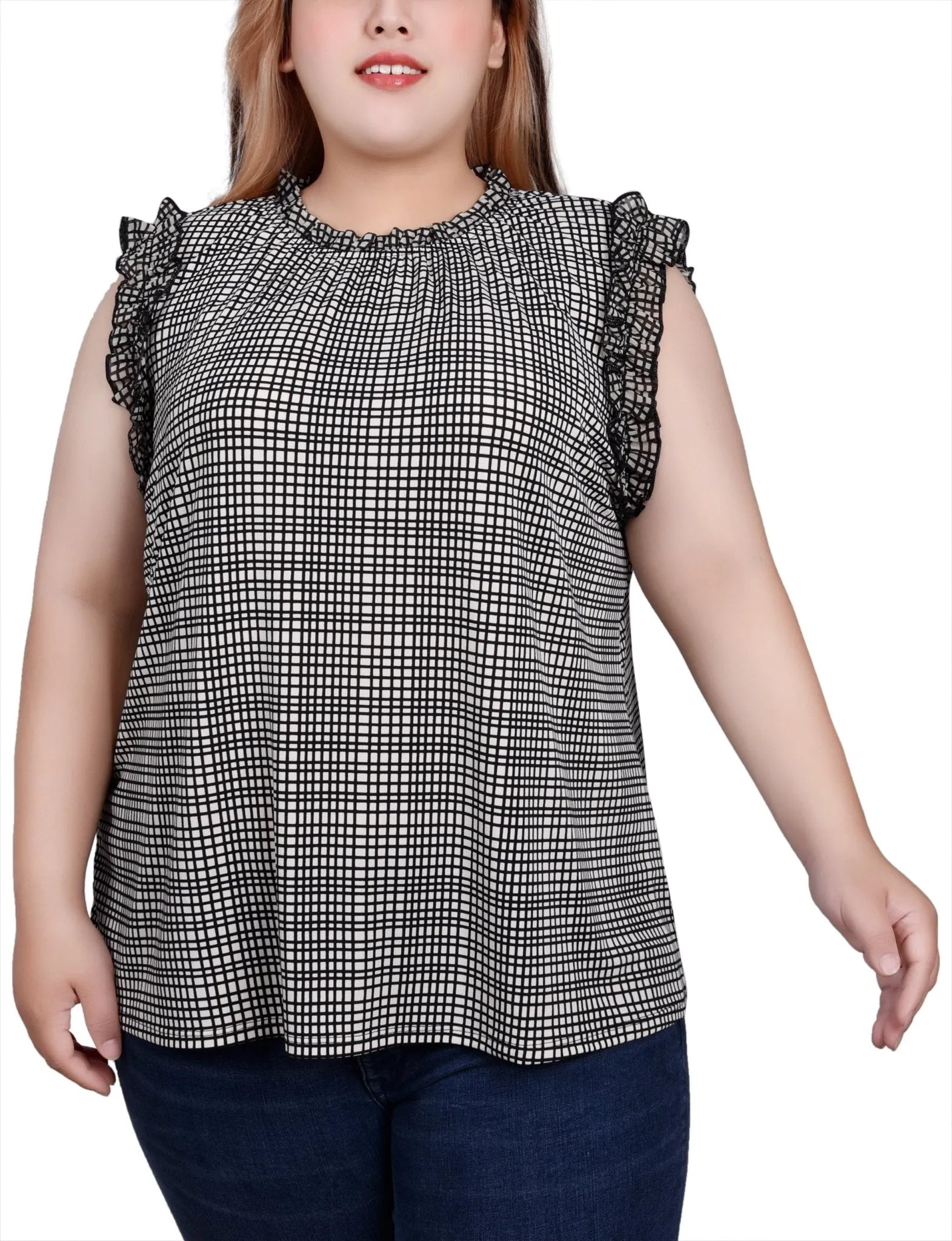 Windowpane Sleeveless Crepe Top With Chiffon Ruffles - Plus sold by Dress Barn