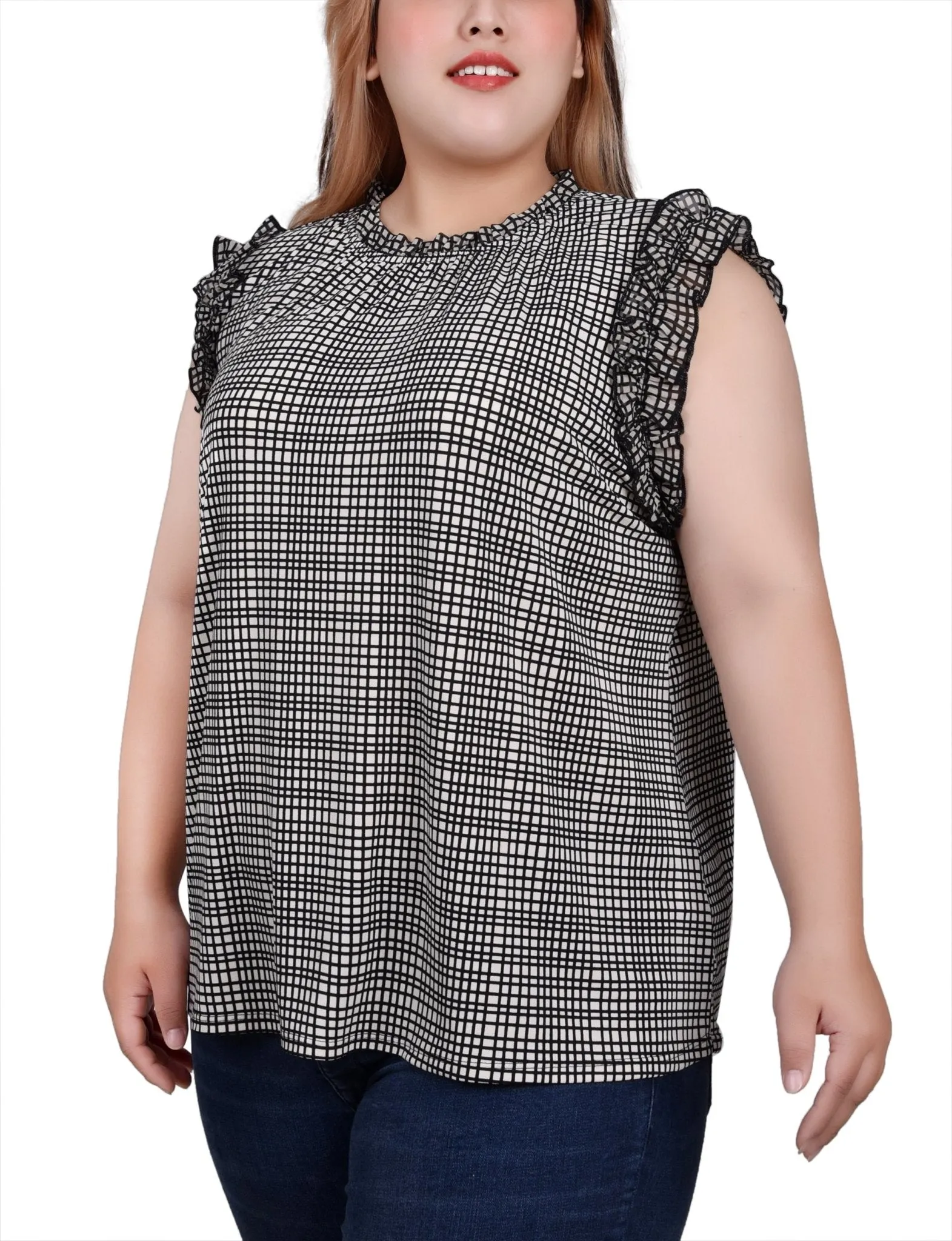 Windowpane Sleeveless Crepe Top With Chiffon Ruffles - Plus sold by Dress Barn product image thumbnail 2
