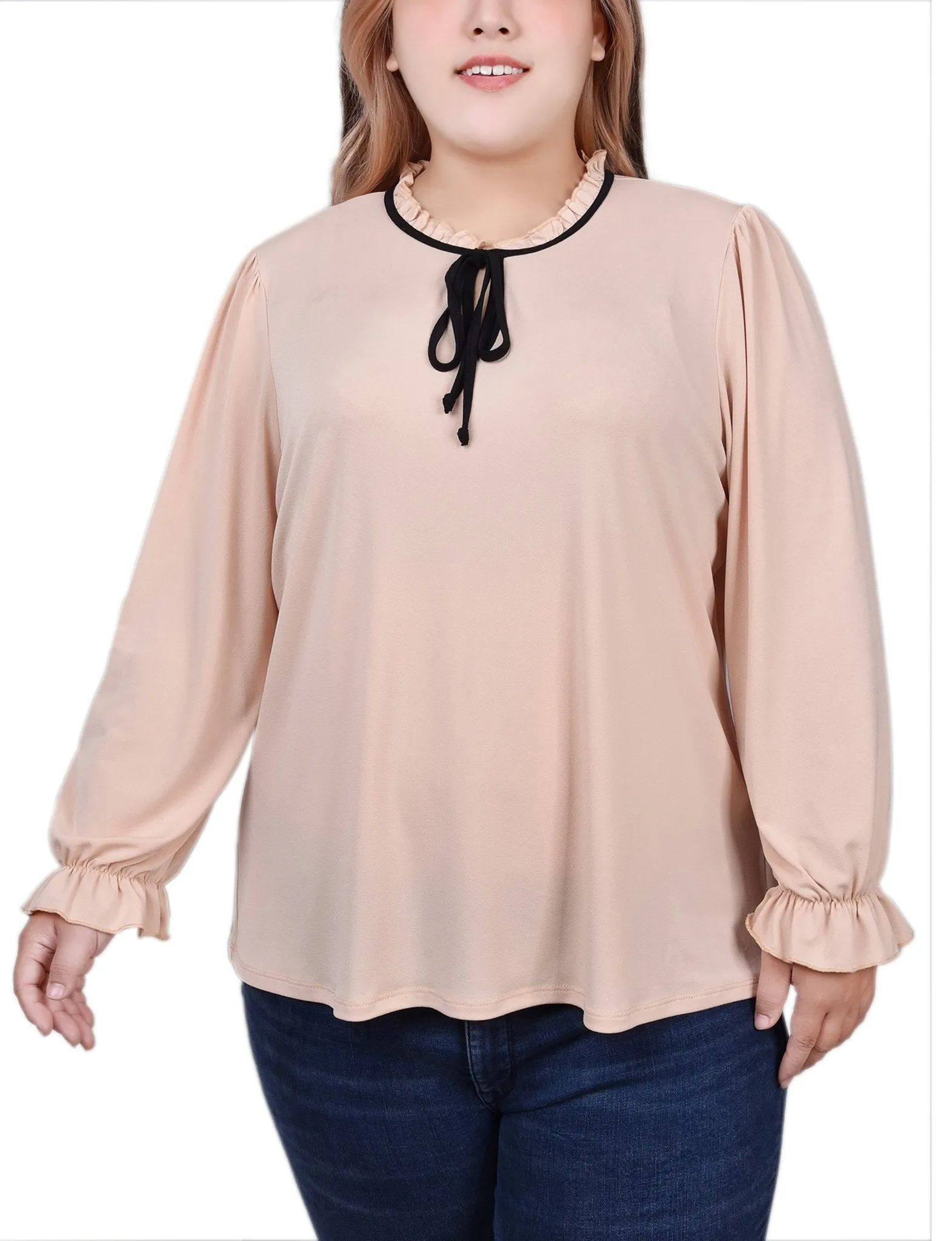 Semolina Black Long Sleeve Tie Neck Top - Plus sold by Dress Barn