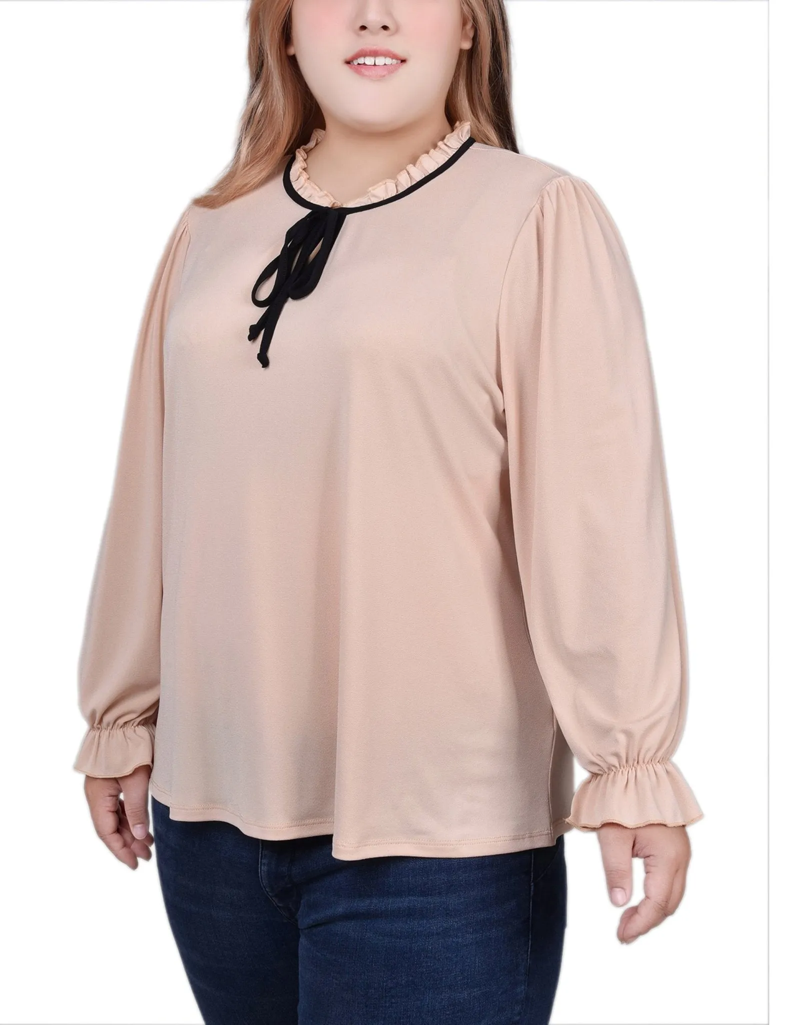 Semolina Black Long Sleeve Tie Neck Top - Plus sold by Dress Barn product image thumbnail 2