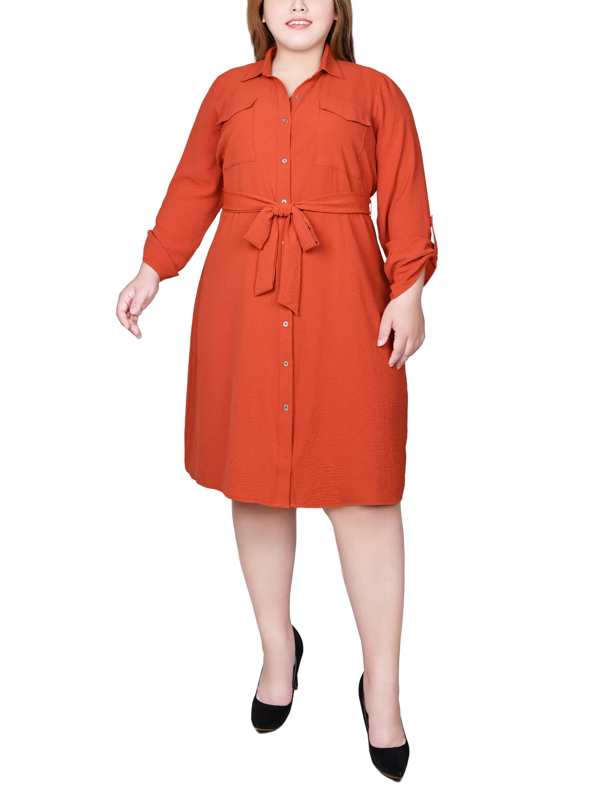 Rooibos Tea Long Roll Tab Sleeve Shirtdress - Plus sold by Dress Barn