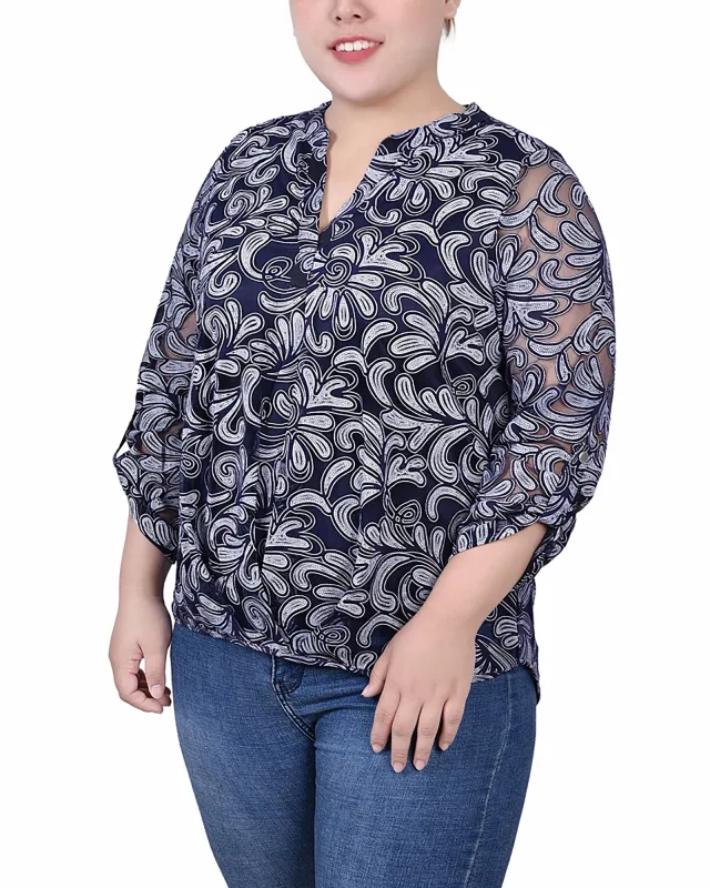 Navy Scrolleaf Long Sleeve Burnout Y Neck Blouse - Plus sold by Dress Barn