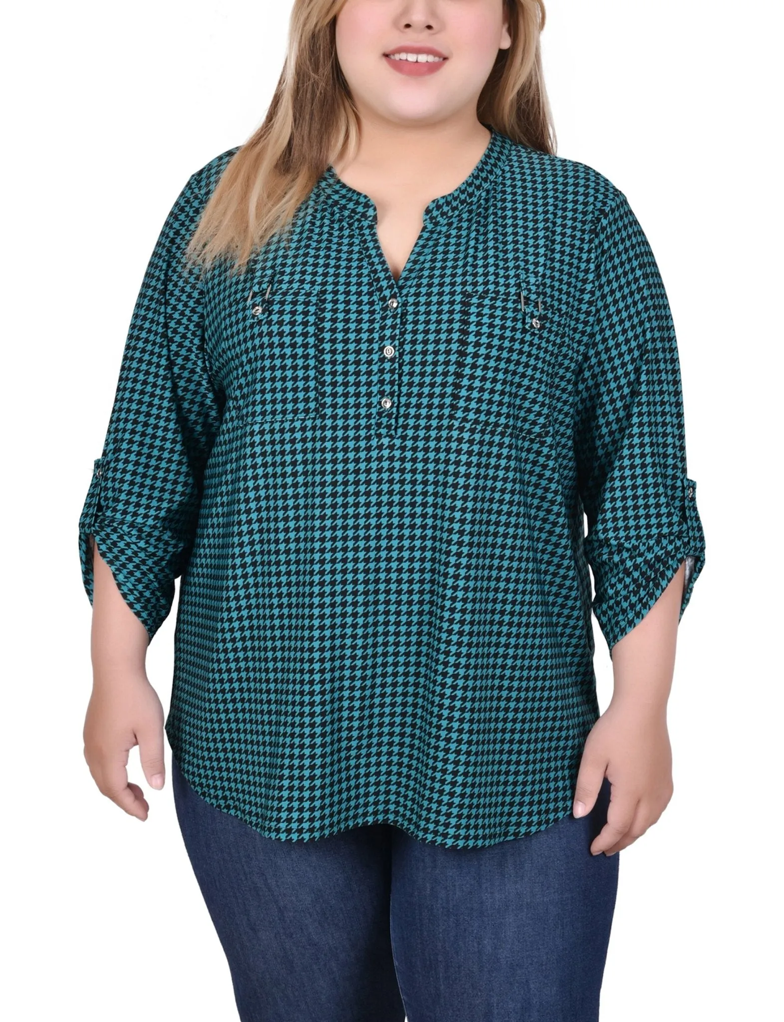 Fanfare Black Houndstooth Long Tab-Sleeve Top With Pockets - Plus sold by Dress Barn