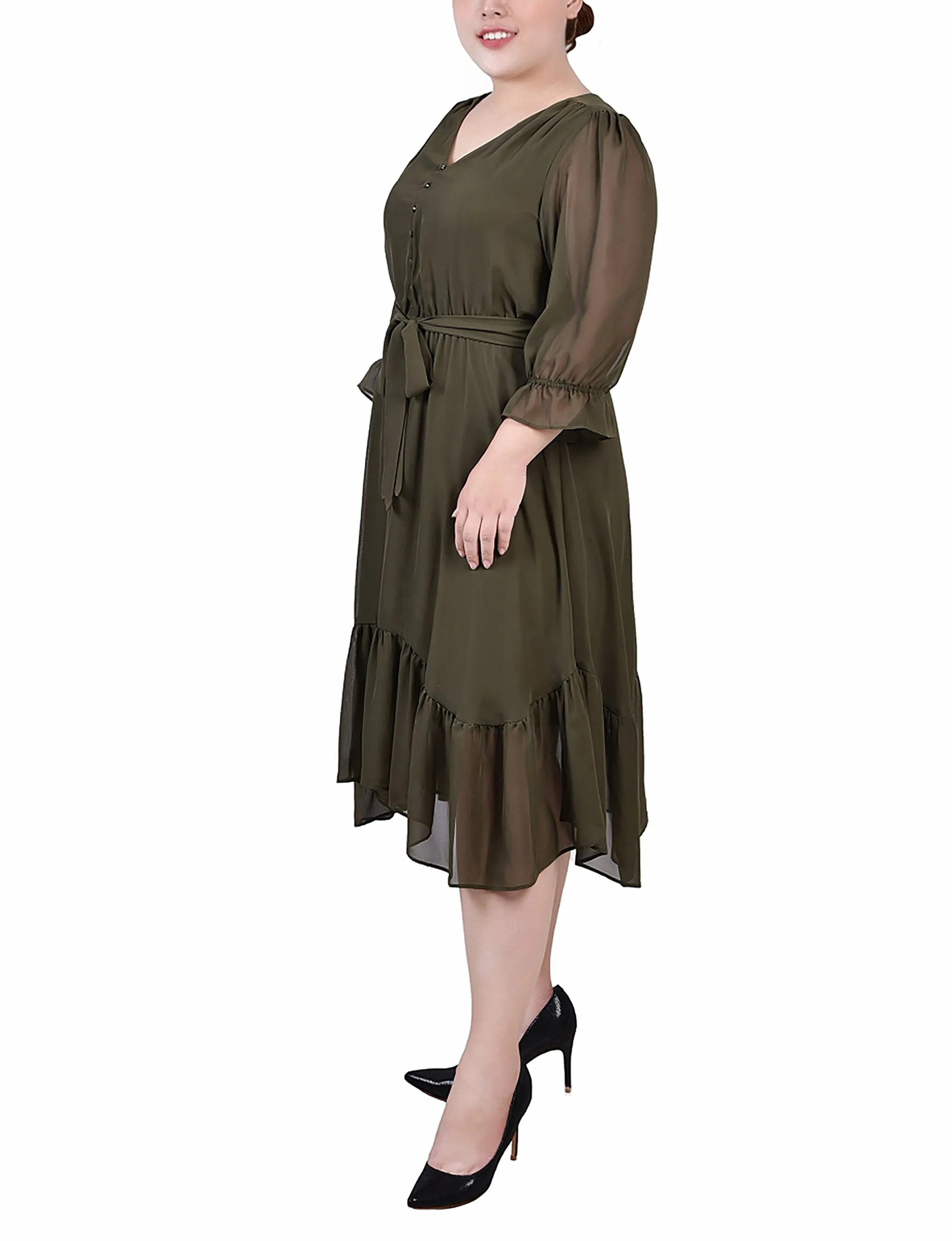 Olive 3/4 Sleeve V-Neck Flounced Dress - Plus sold by Dress Barn product image thumbnail 2