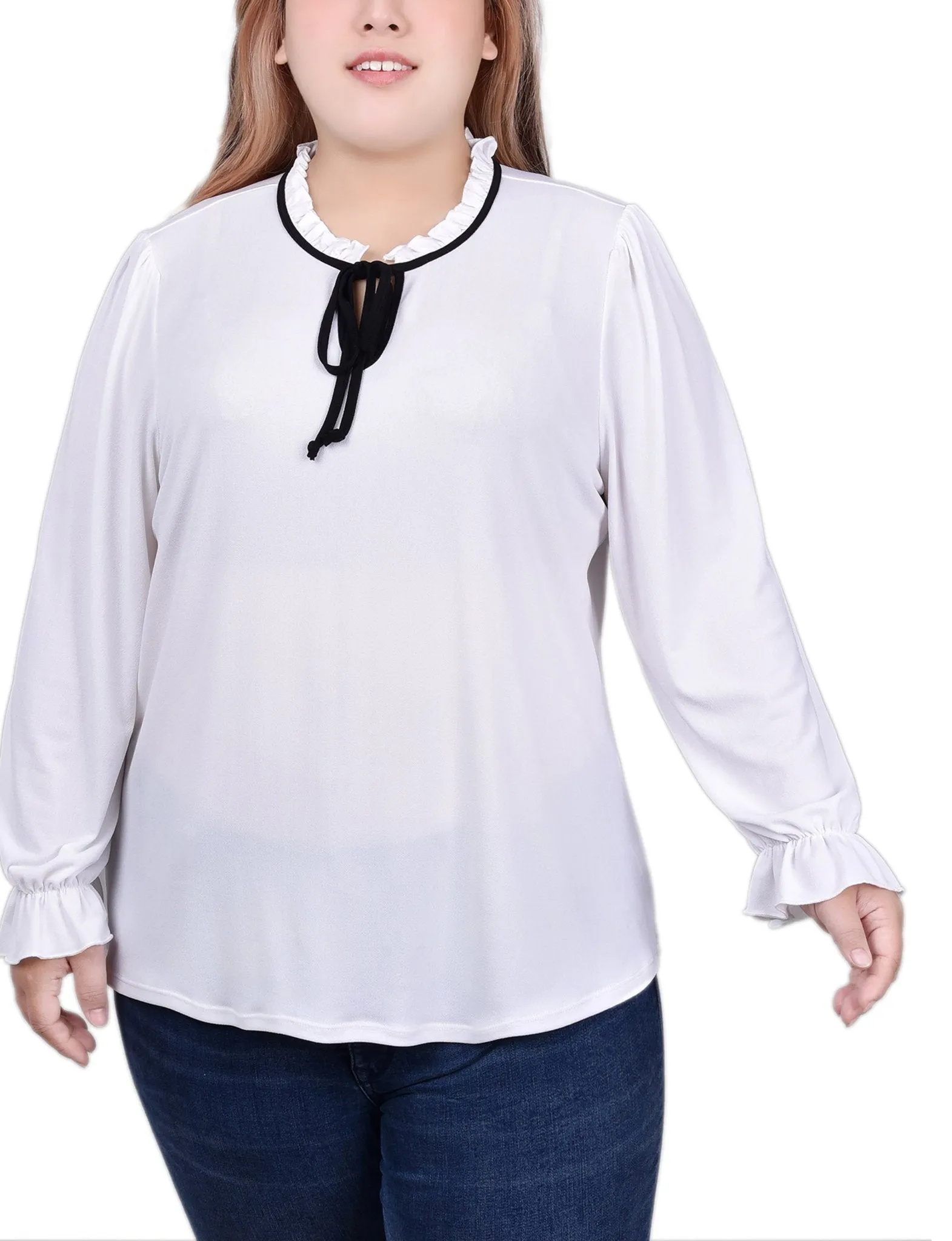 White Black Long Sleeve Tie Neck Top - Plus sold by Dress Barn