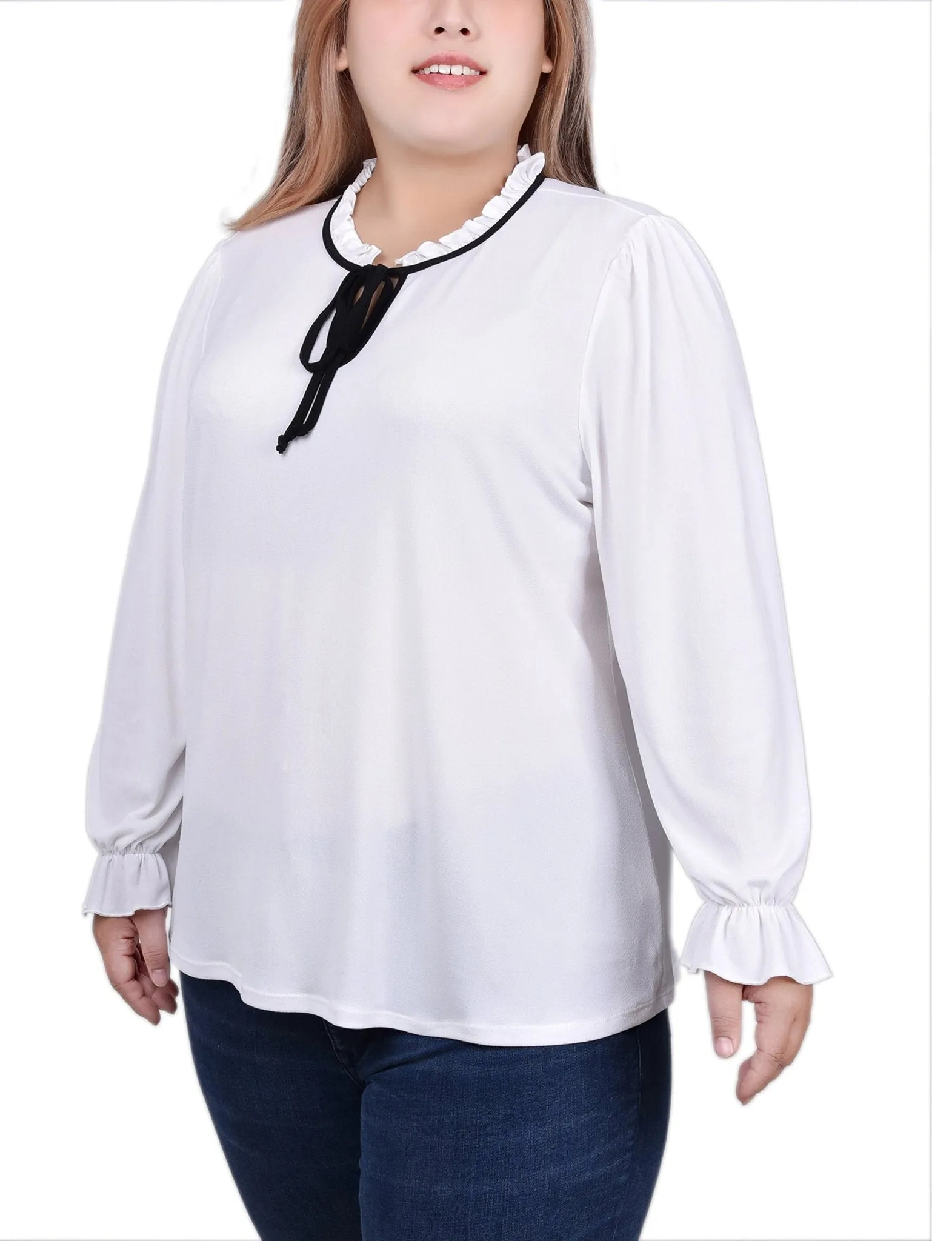 White Black Long Sleeve Tie Neck Top - Plus sold by Dress Barn product image thumbnail 2
