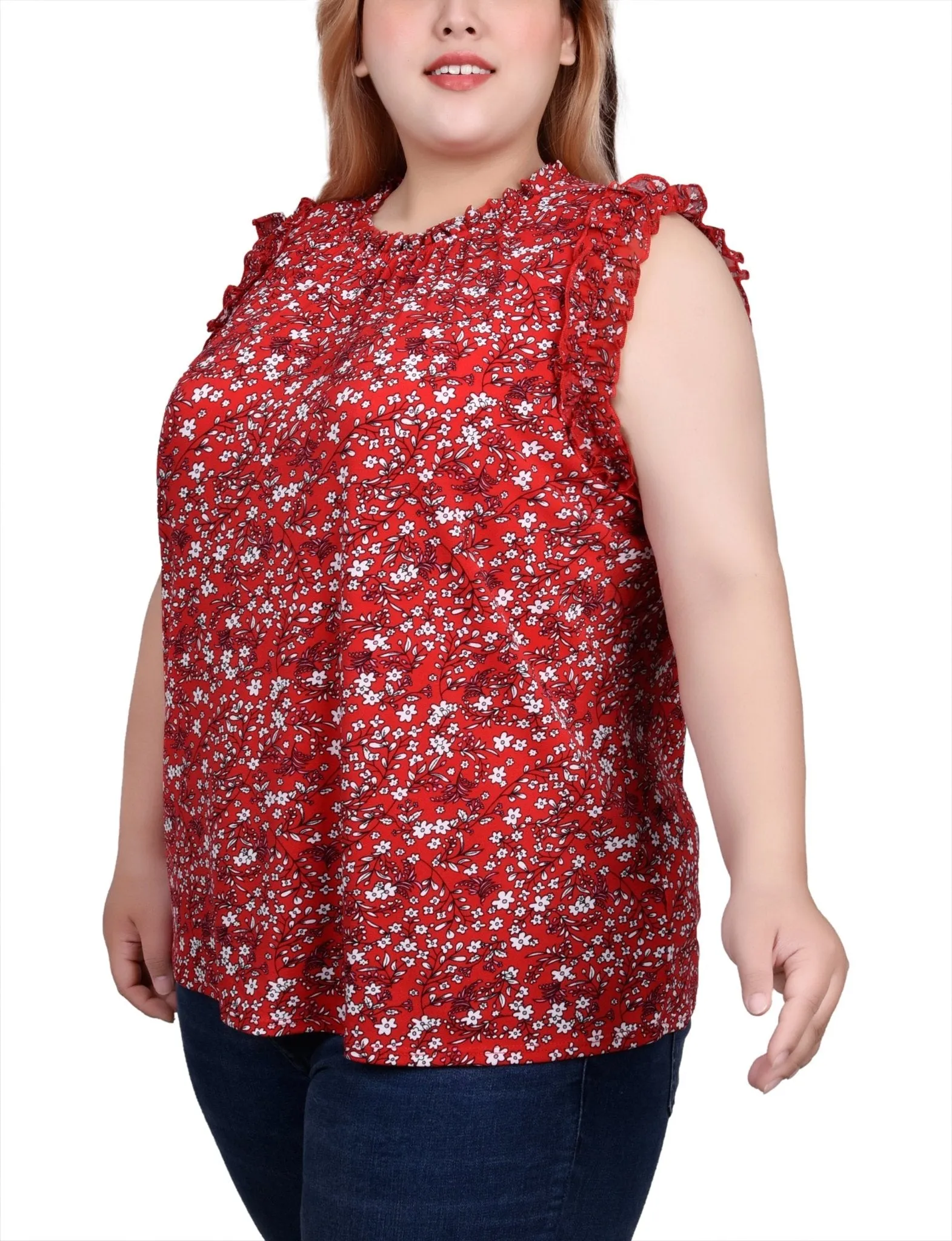 Red Disty Sleeveless Crepe Top With Chiffon Ruffles - Plus sold by Dress Barn product image thumbnail 2