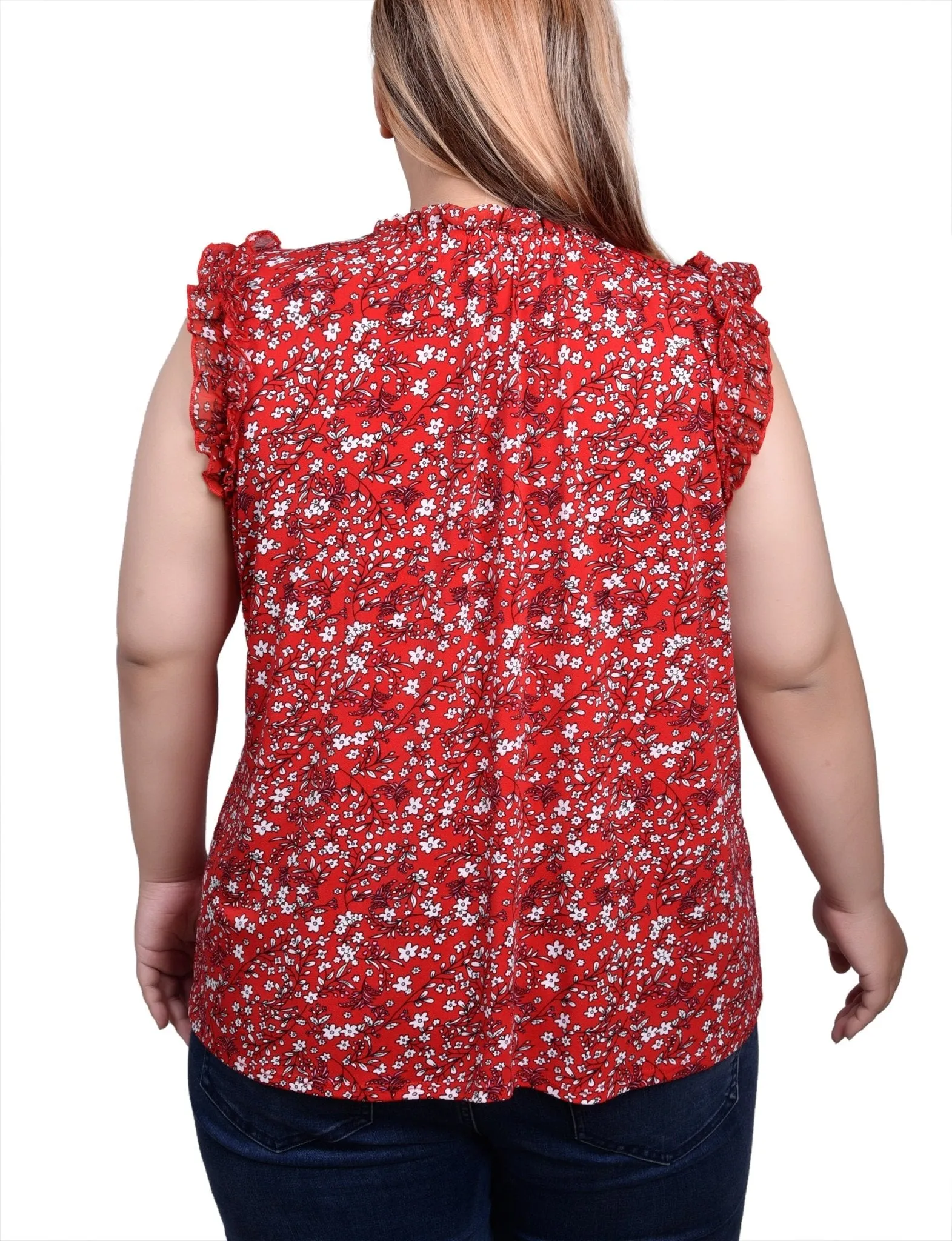 Red Disty Sleeveless Crepe Top With Chiffon Ruffles - Plus sold by Dress Barn product image thumbnail 4