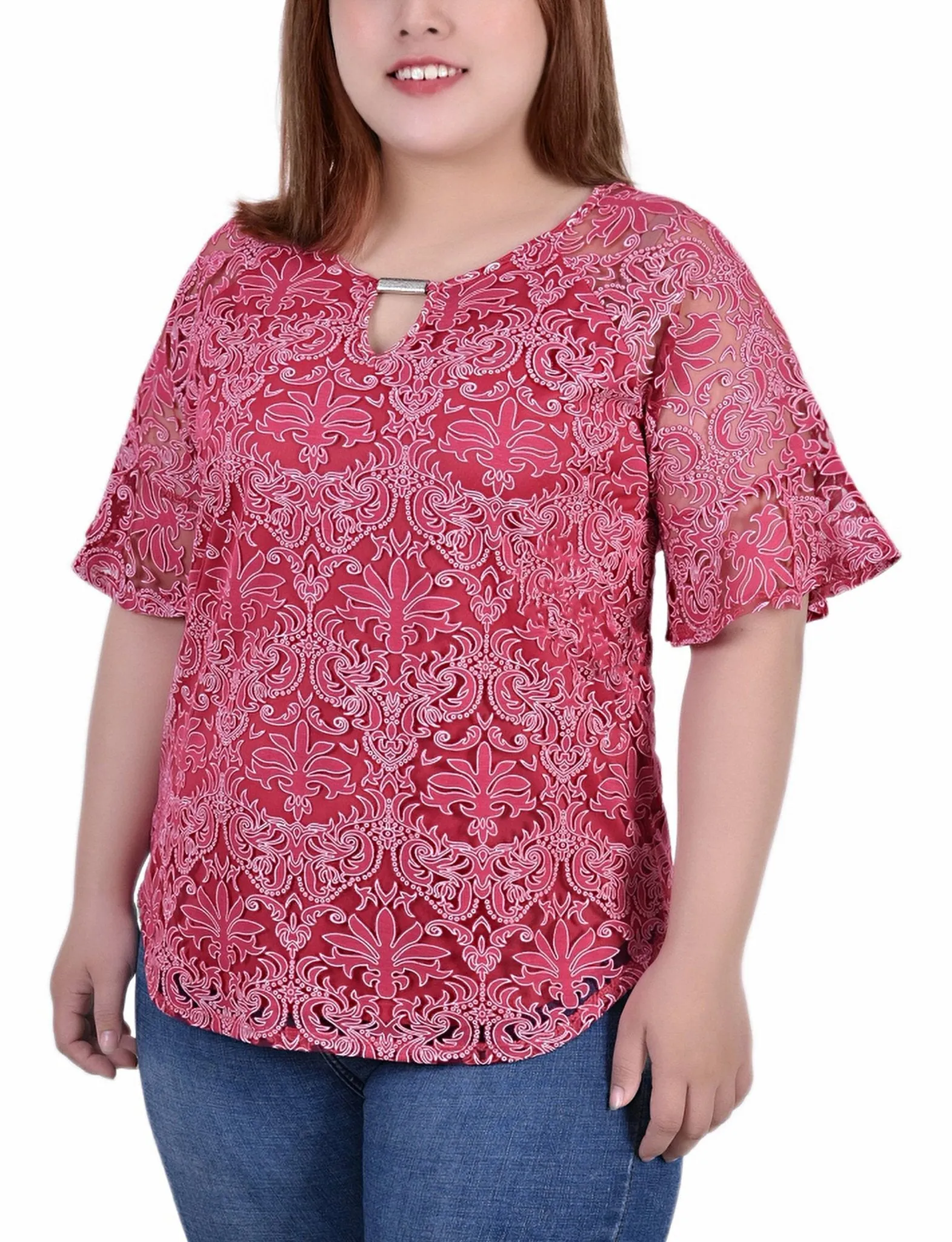 Jazzy Starthrone Short Bell Sleeve Lace Blouse - Plus sold by Dress Barn