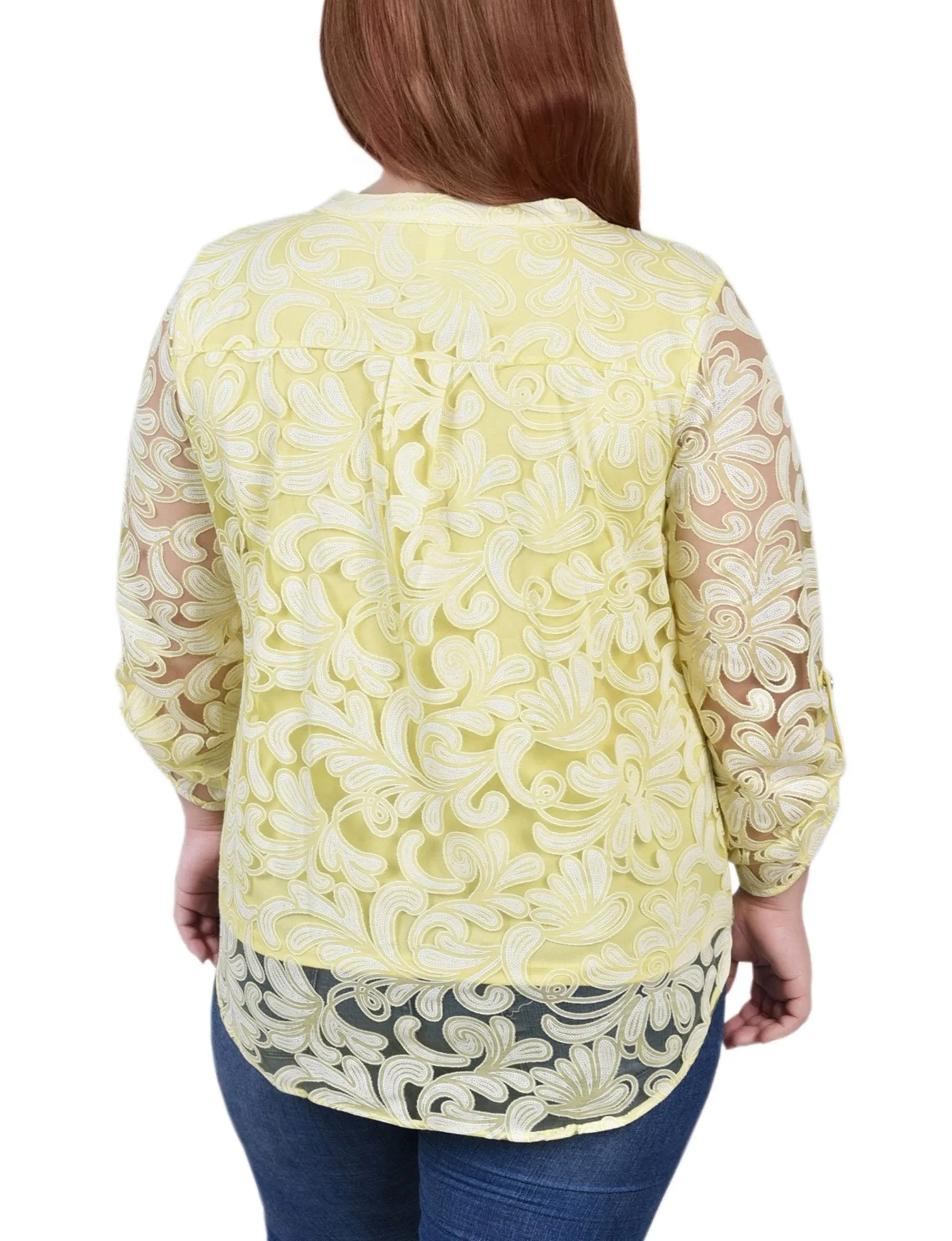 Yellow Scrolleaf Long Sleeve Burnout Y Neck Blouse - Plus sold by Dress Barn product image thumbnail 4
