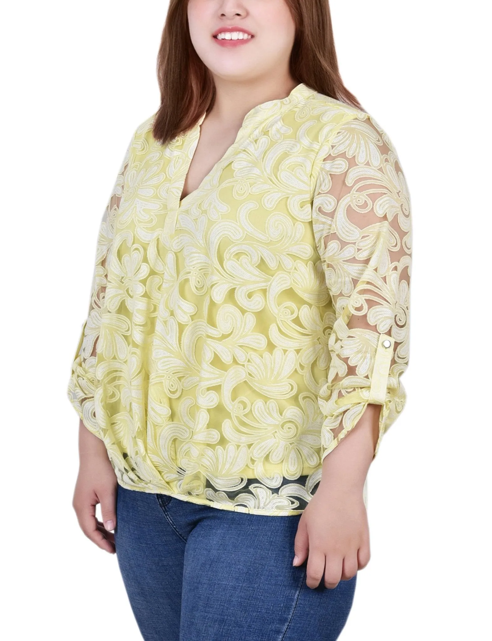 Yellow Scrolleaf Long Sleeve Burnout Y Neck Blouse - Plus sold by Dress Barn product image thumbnail 2
