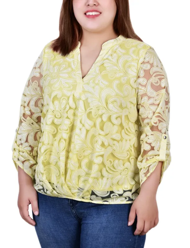Yellow Scrolleaf Long Sleeve Burnout Y Neck Blouse - Plus sold by Dress Barn