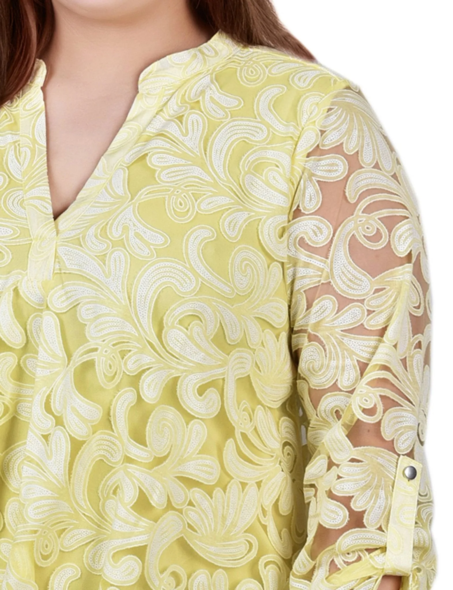 Yellow Scrolleaf Long Sleeve Burnout Y Neck Blouse - Plus sold by Dress Barn product image thumbnail 3