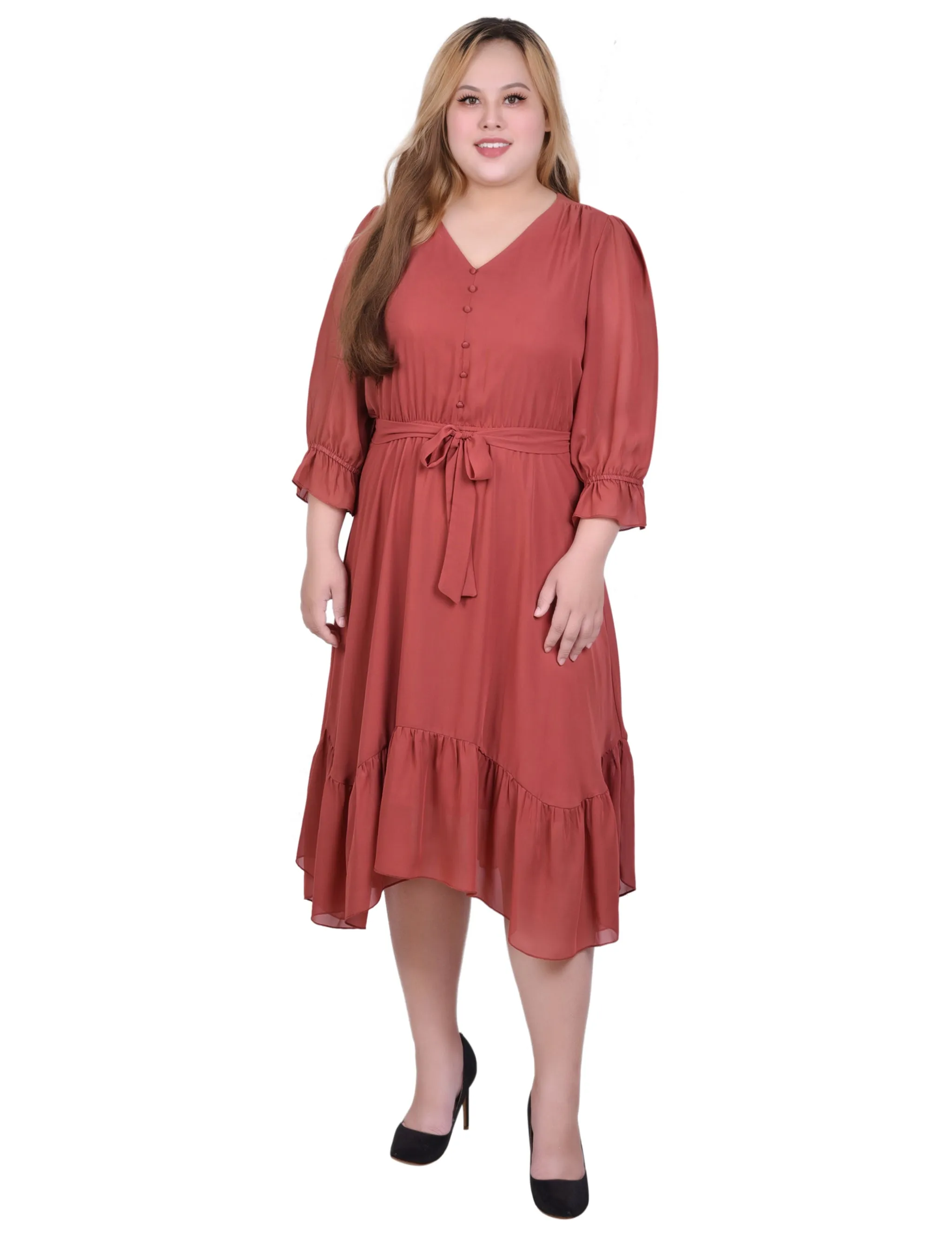Marsala 3/4 Sleeve V-Neck Flounced Dress - Plus sold by Dress Barn