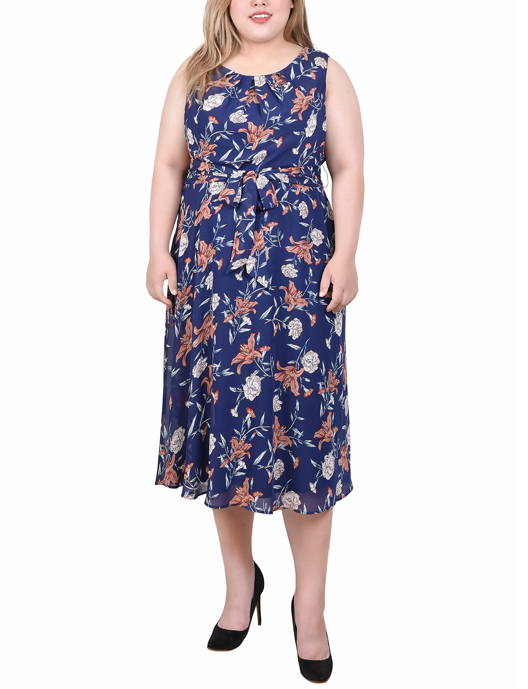 Navy Floral Sleeveless Chiffon Belted Dress - Plus sold by Dress Barn