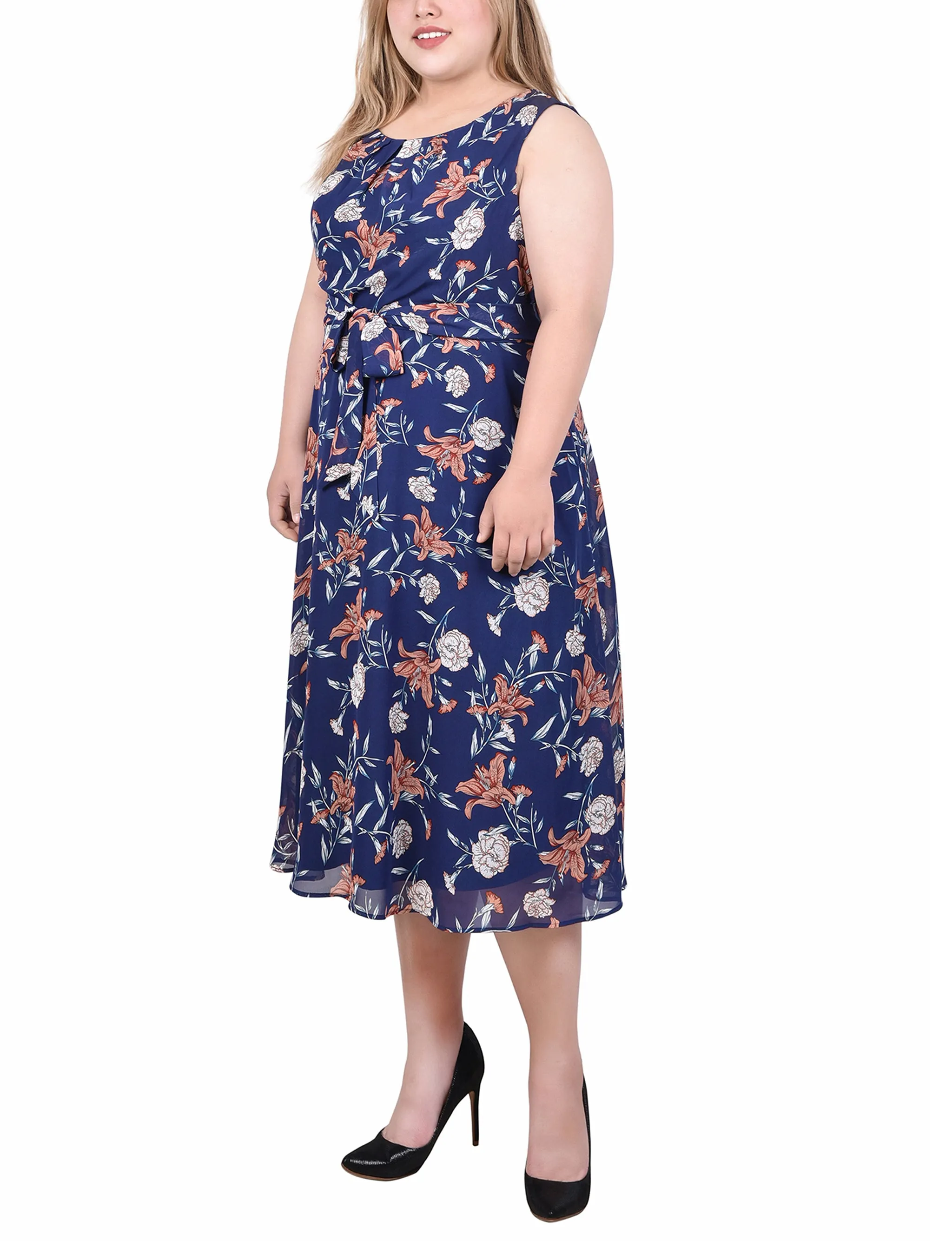Navy Floral Sleeveless Chiffon Belted Dress - Plus sold by Dress Barn product image thumbnail 2