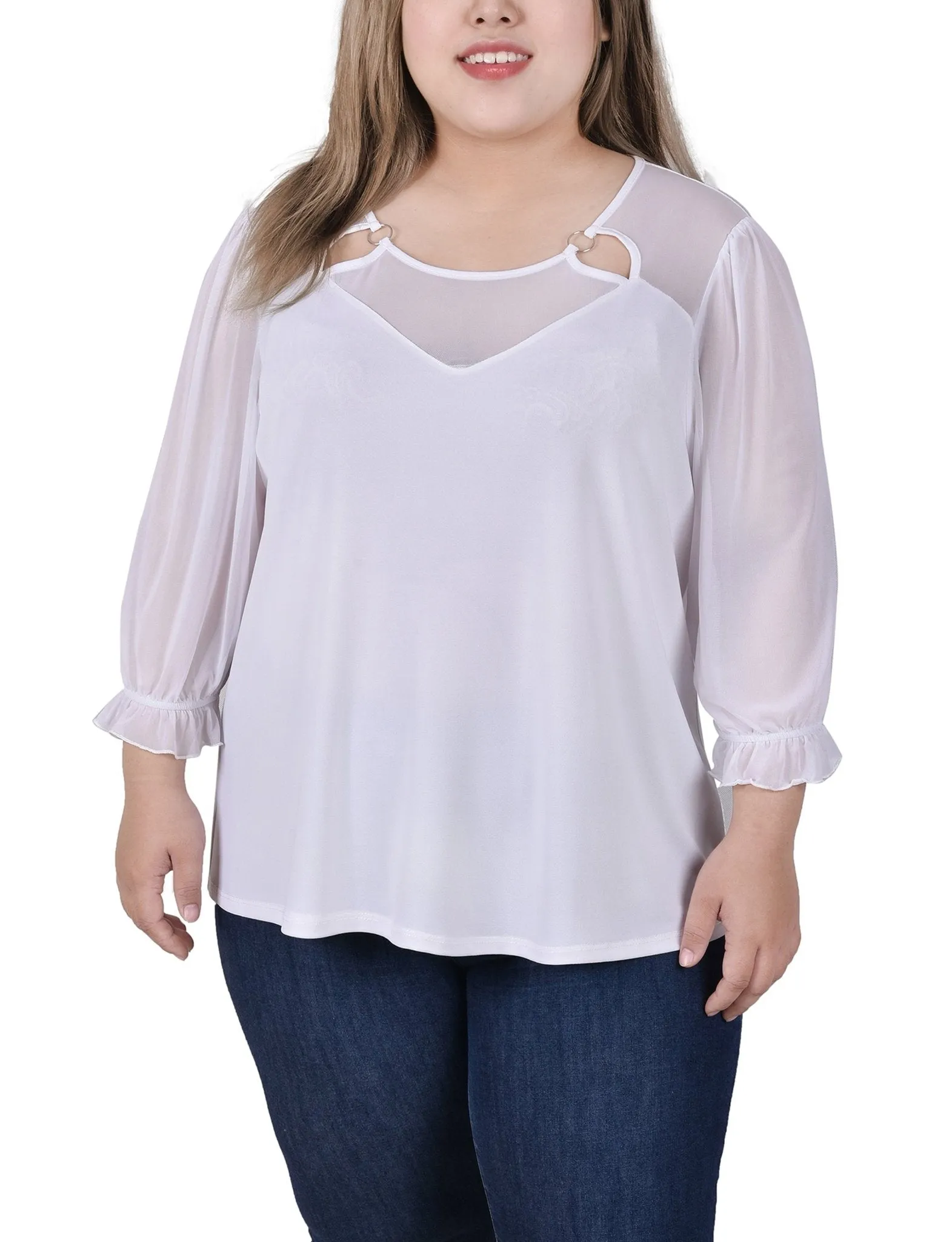 White 3/4 Sleeve Ringed Top With Mesh - Plus sold by Dress Barn