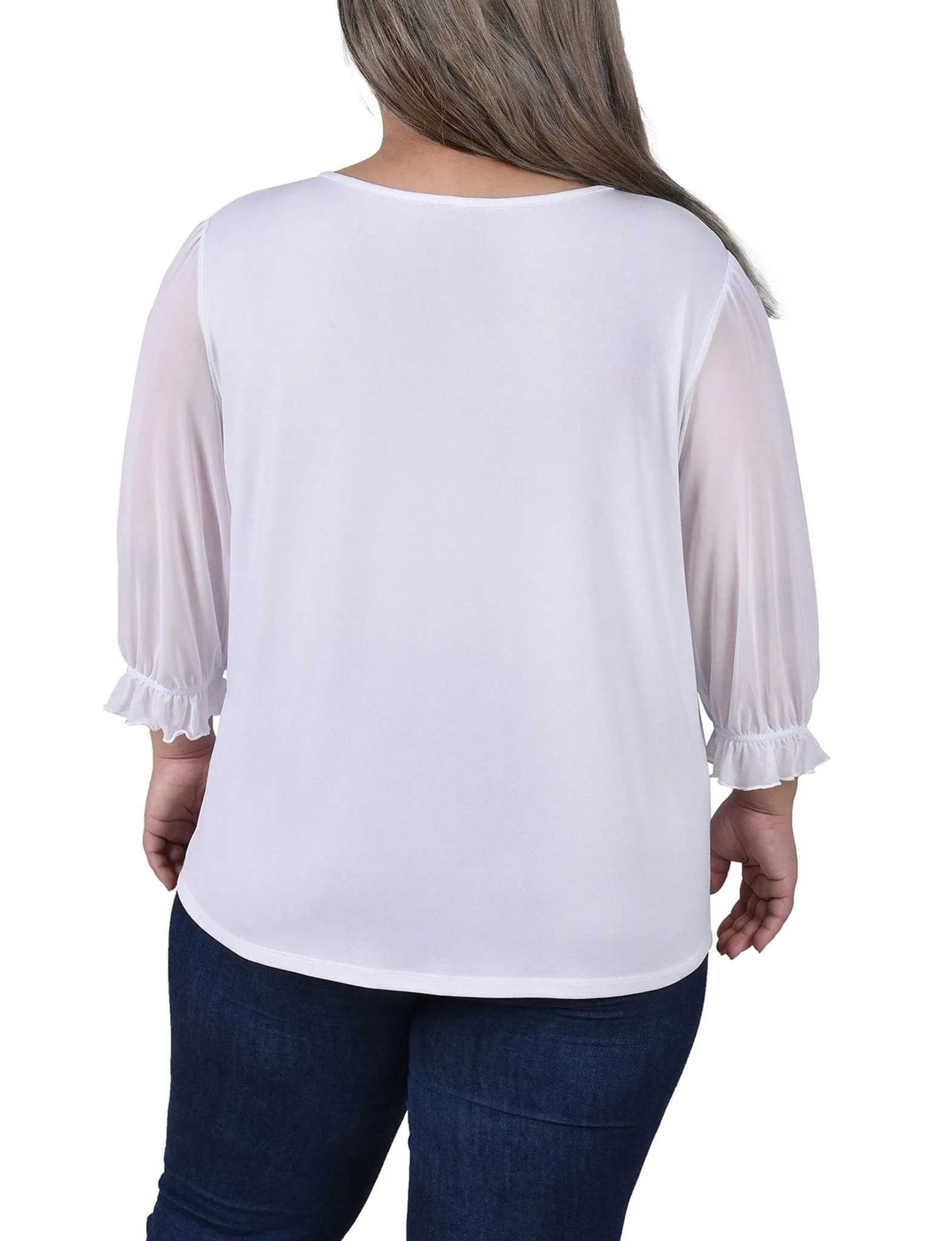 White 3/4 Sleeve Ringed Top With Mesh - Plus sold by Dress Barn product image thumbnail 4