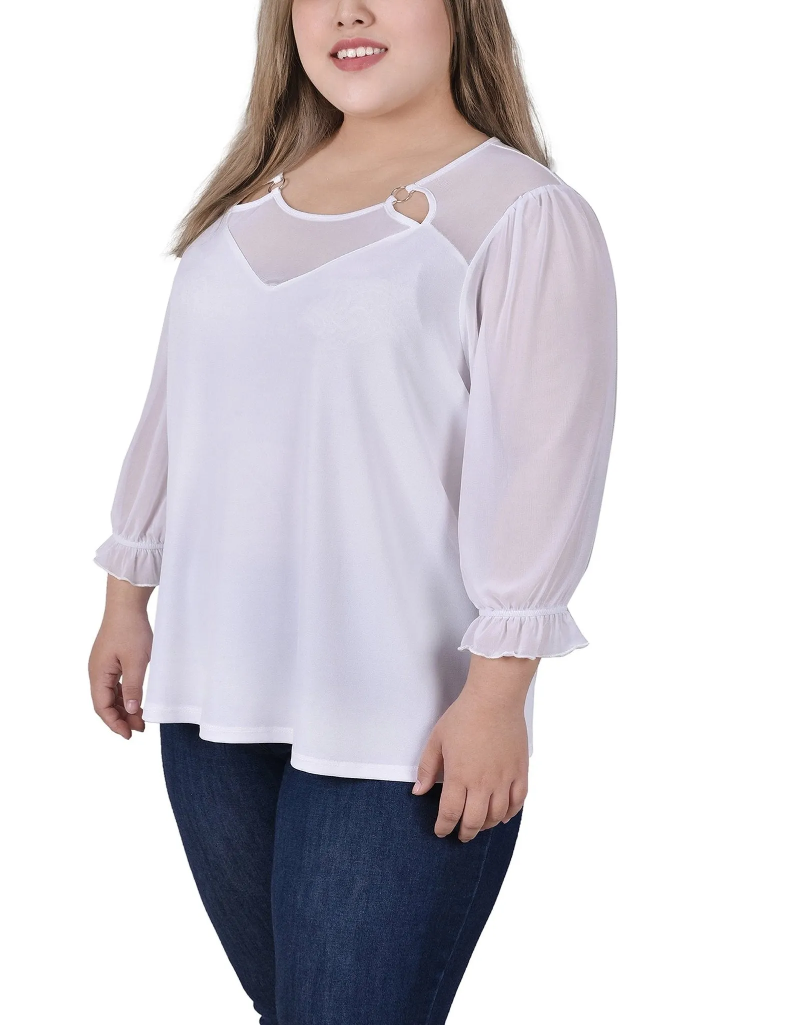 White 3/4 Sleeve Ringed Top With Mesh - Plus sold by Dress Barn product image thumbnail 2