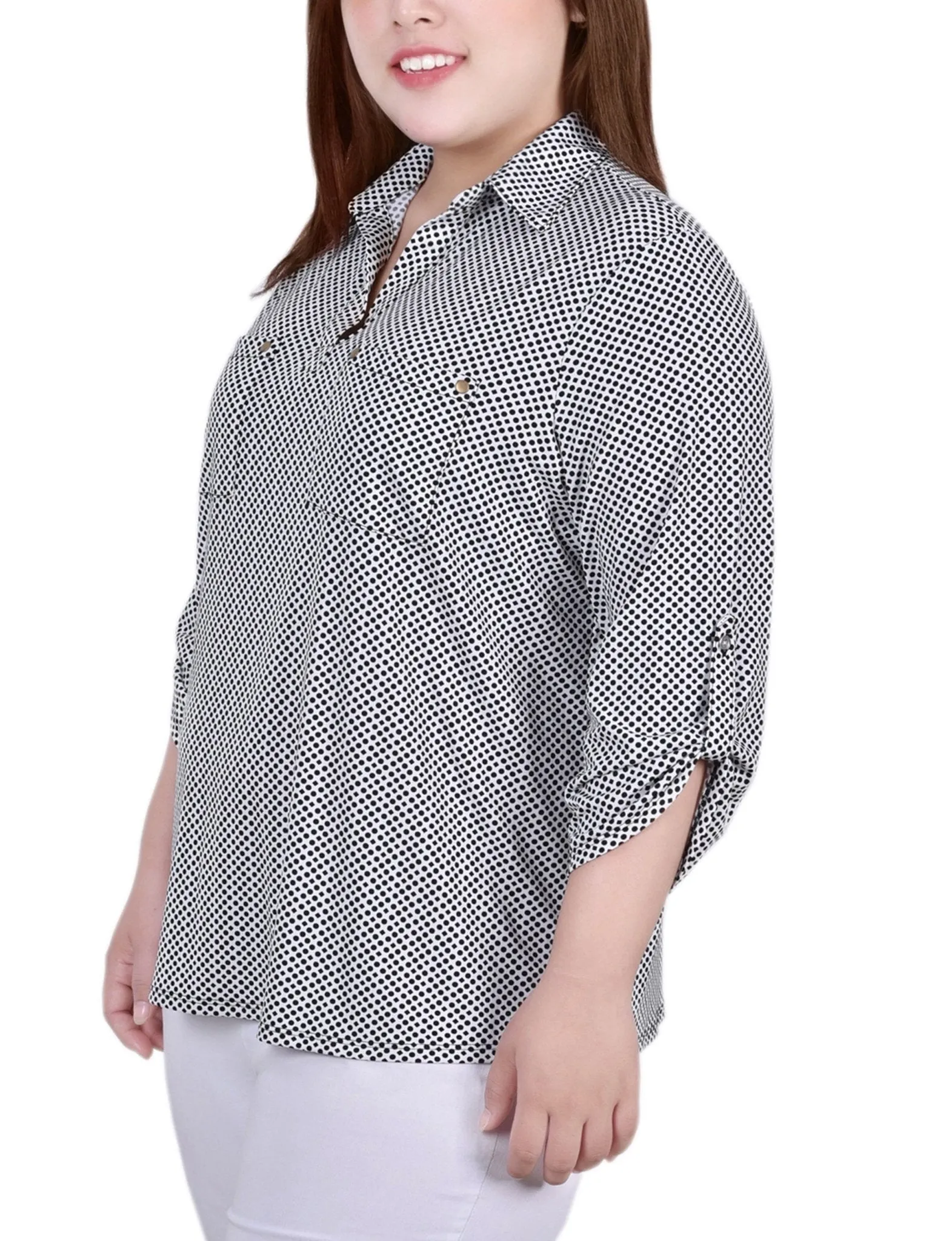 Night Particle 3/4 Roll Tab Sleeve Studded Y Neck Top - Plus sold by Dress Barn product image thumbnail 2