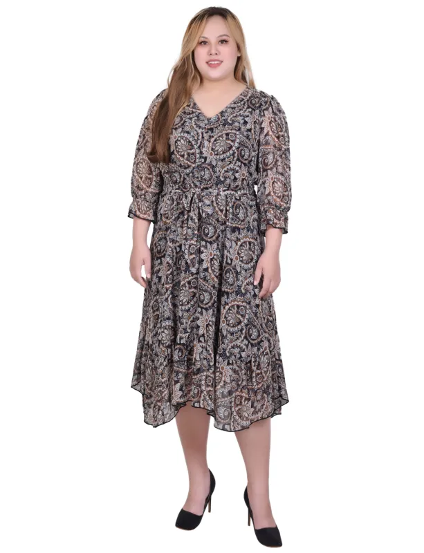 Black Brown Paisley 3/4 Sleeve V-Neck Flounced Dress - Plus sold by Dress Barn