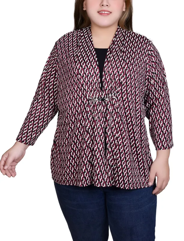 Maroon Black Geo 3/4 Sleeve Blouse With Necklace - Petite sold by Dress Barn