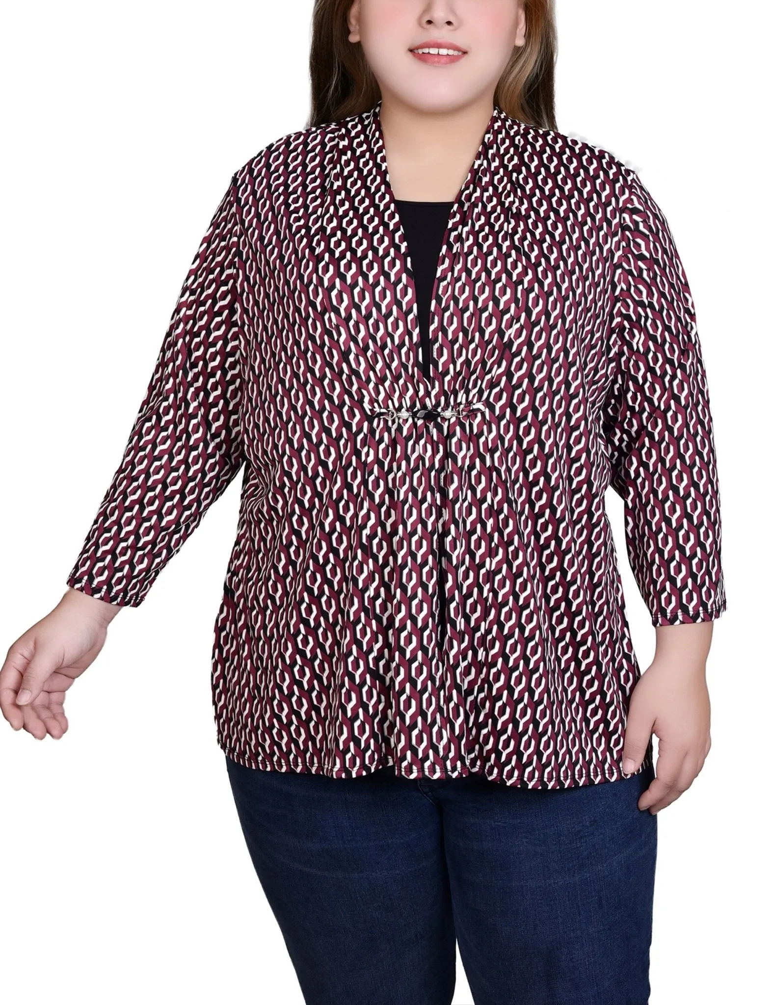 Maroon Black Geo 3/4 Sleeve Blouse With Necklace - Petite sold by Dress Barn