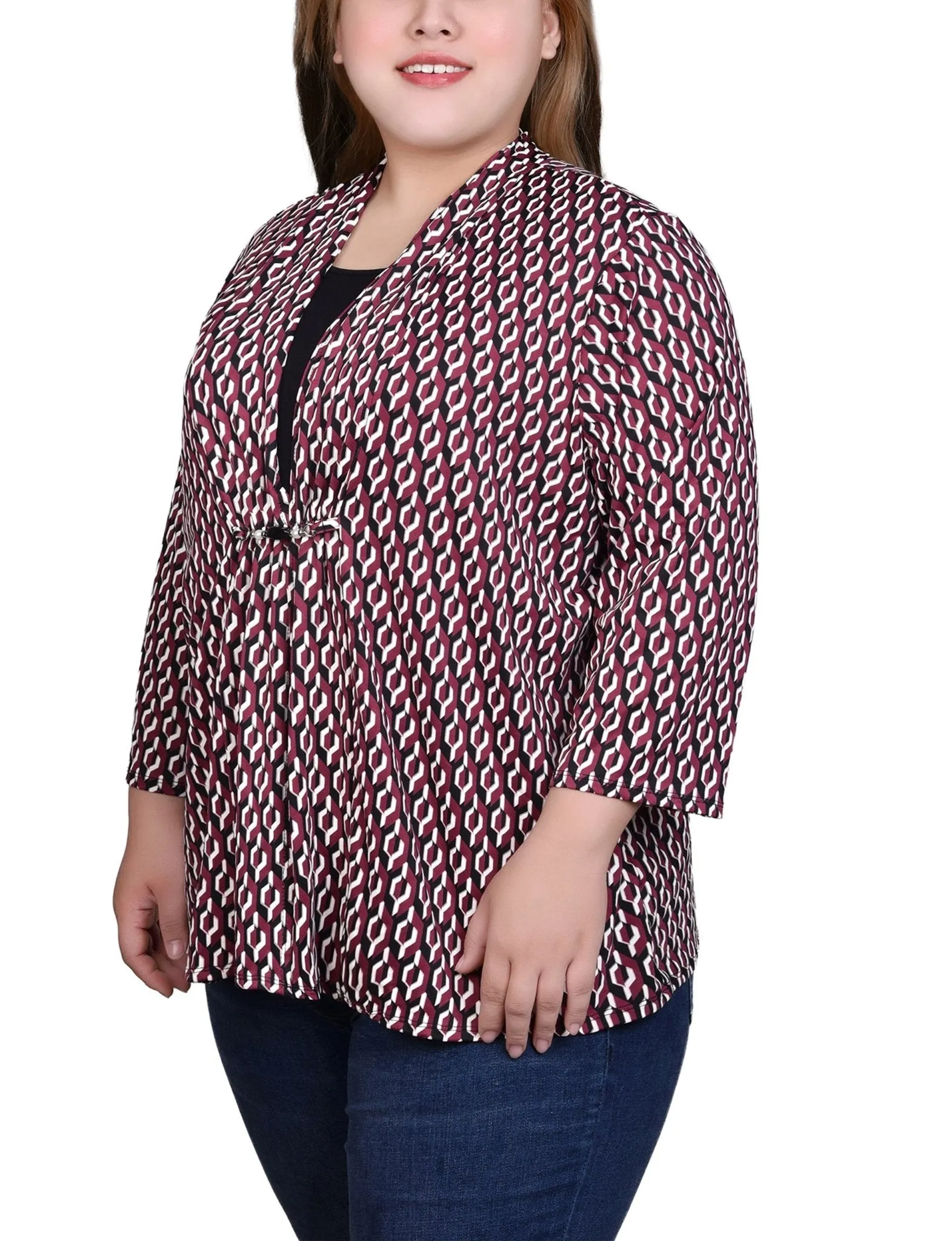Maroon Black Geo 3/4 Sleeve Blouse With Necklace - Petite sold by Dress Barn product image thumbnail 2