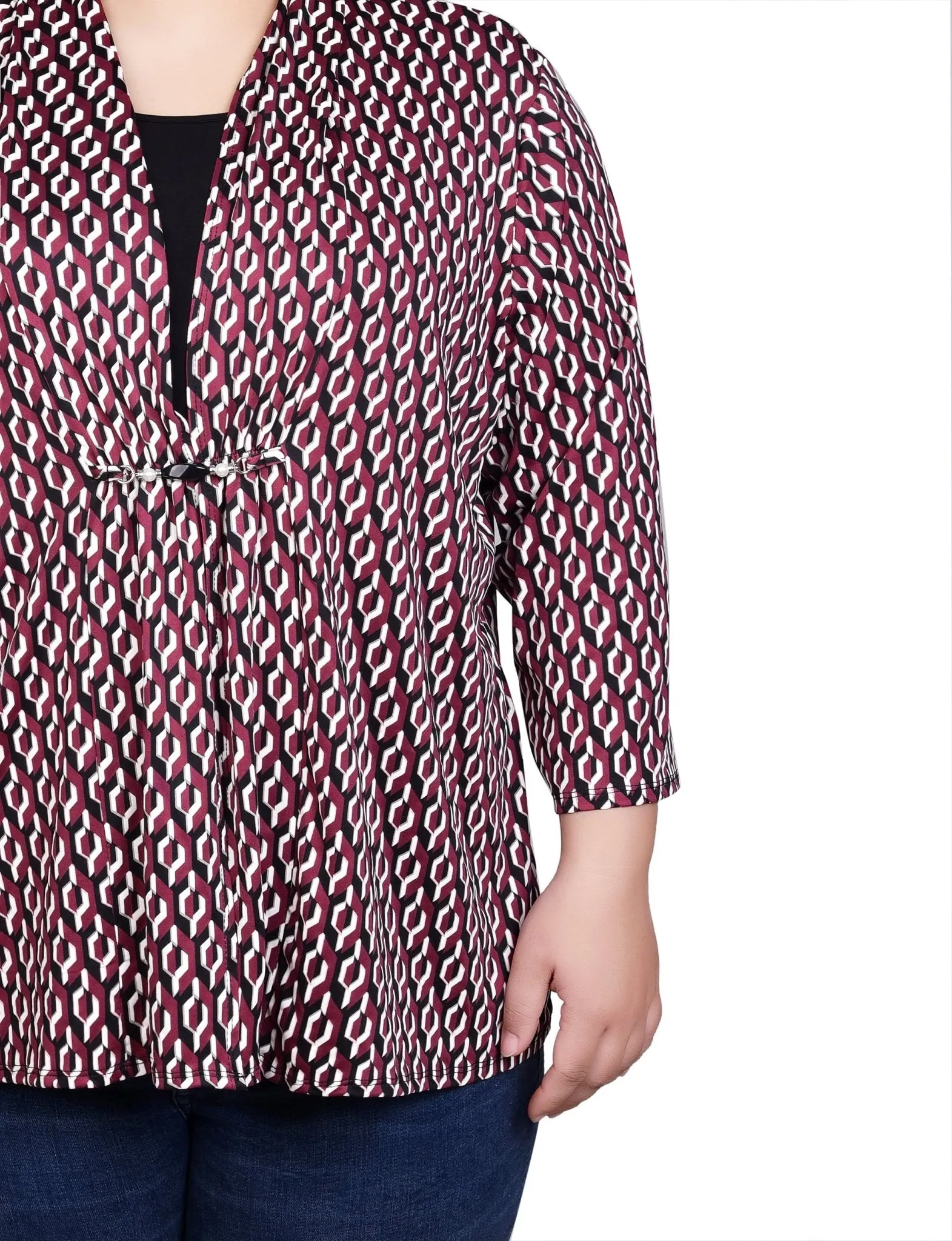 Maroon Black Geo 3/4 Sleeve Blouse With Necklace - Petite sold by Dress Barn product image thumbnail 3