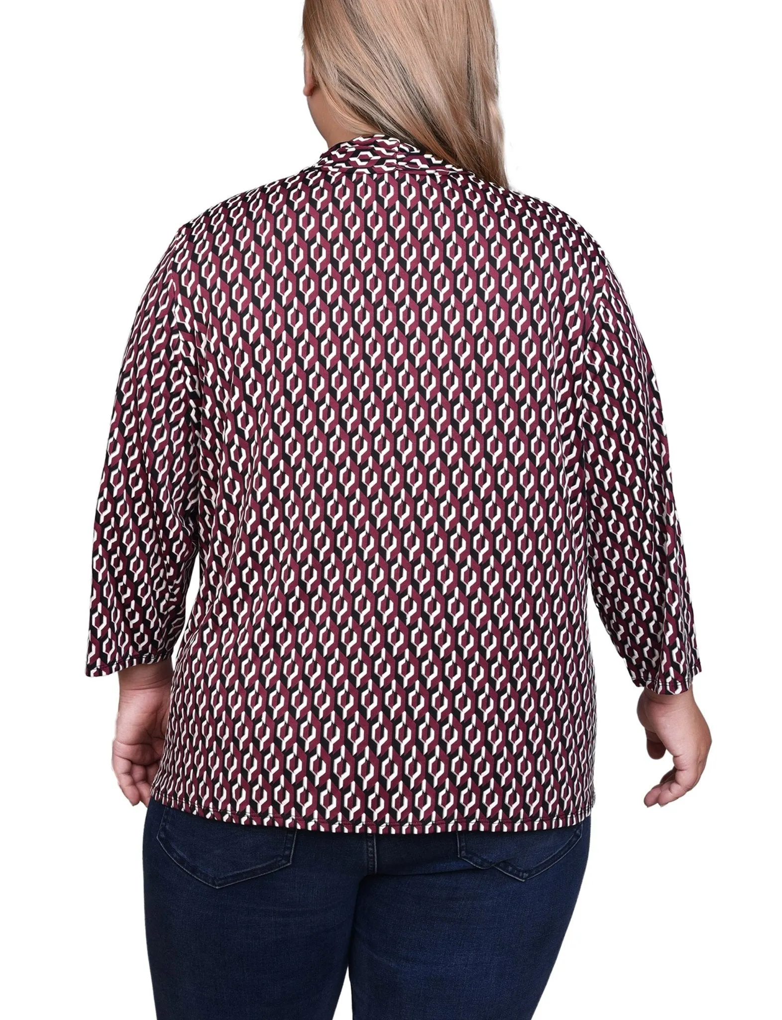 Maroon Black Geo 3/4 Sleeve Blouse With Necklace - Petite sold by Dress Barn product image thumbnail 4