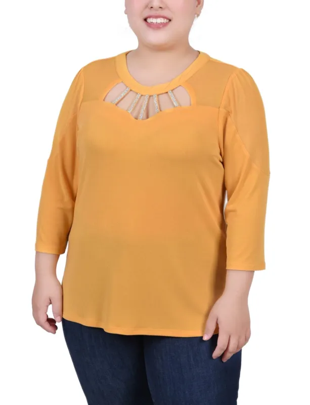 Golden Glow 3/4 Sleeve Top With Neckline Cutouts and Stones - Plus sold by Dress Barn