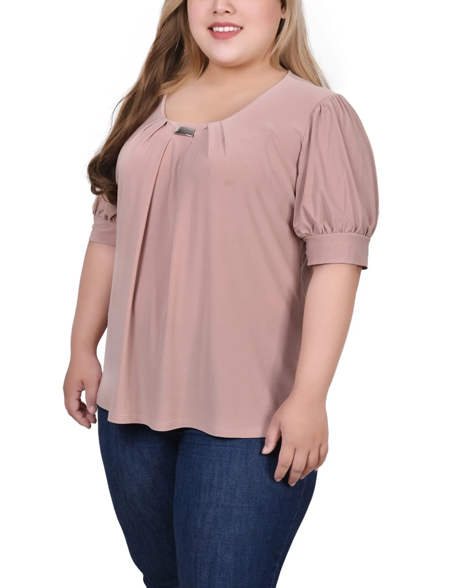 Oxford Tan Short Sleeve Balloon Sleeve Top With Hardware - Plus sold by Dress Barn product image thumbnail 2