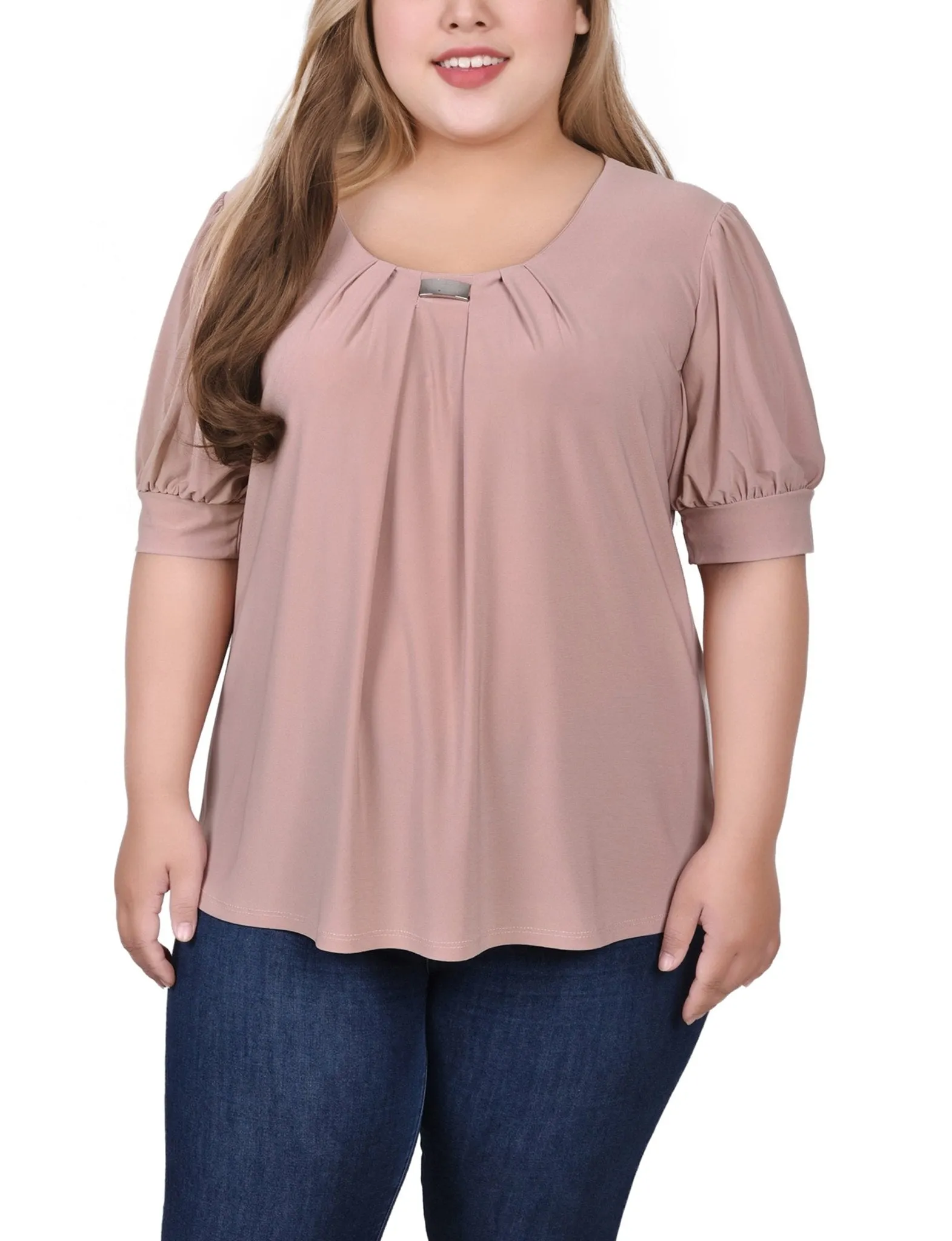 Oxford Tan Short Sleeve Balloon Sleeve Top With Hardware - Plus sold by Dress Barn