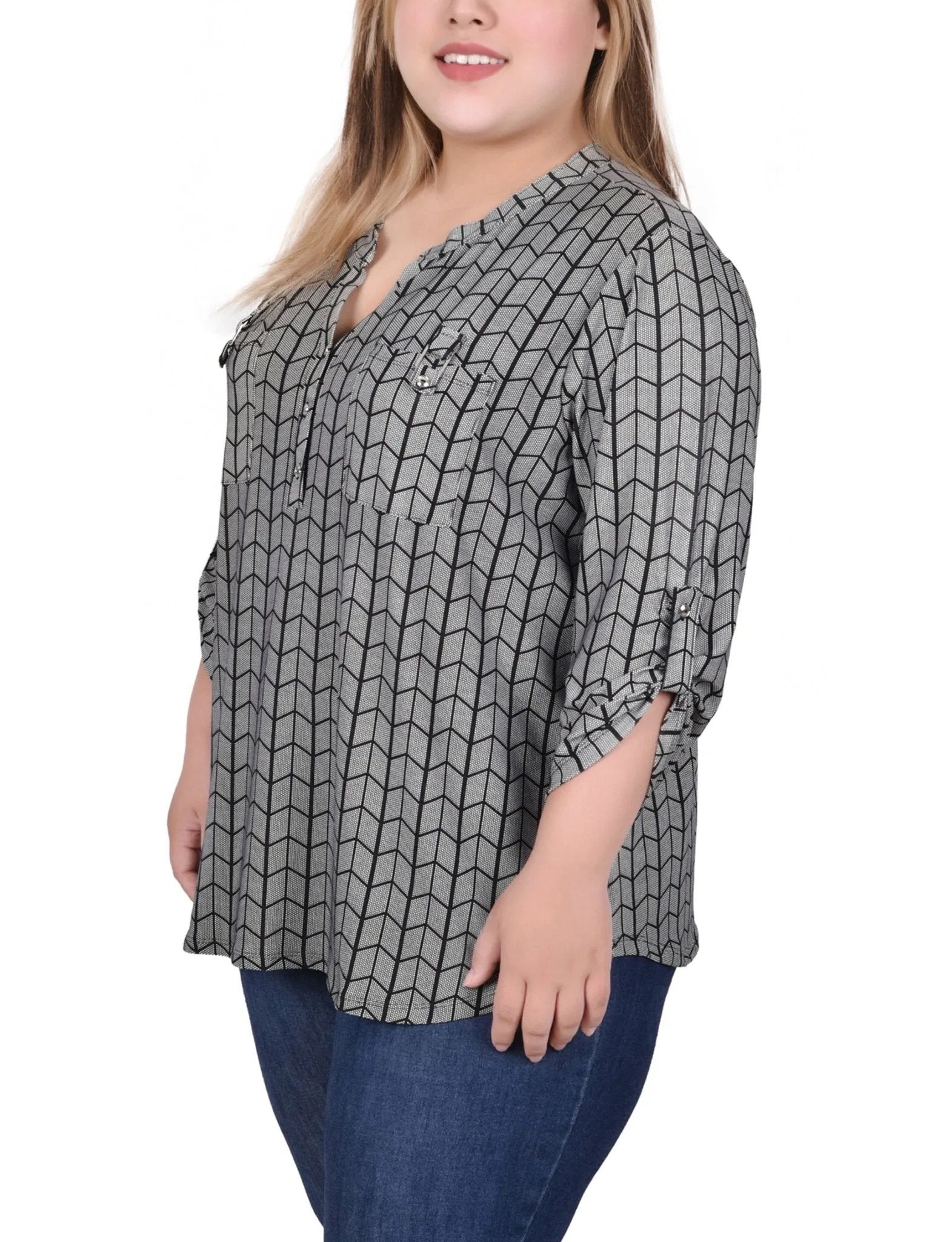 Blk Wht Diagonal Stripe Dot Long Tab-Sleeve Top With Pockets - Plus sold by Dress Barn product image thumbnail 2
