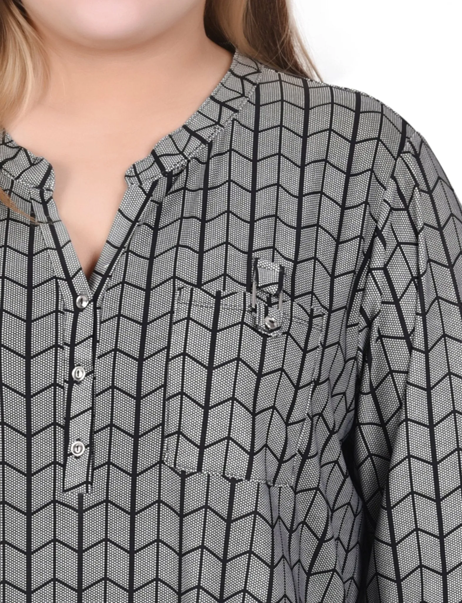 Blk Wht Diagonal Stripe Dot Long Tab-Sleeve Top With Pockets - Plus sold by Dress Barn product image thumbnail 3