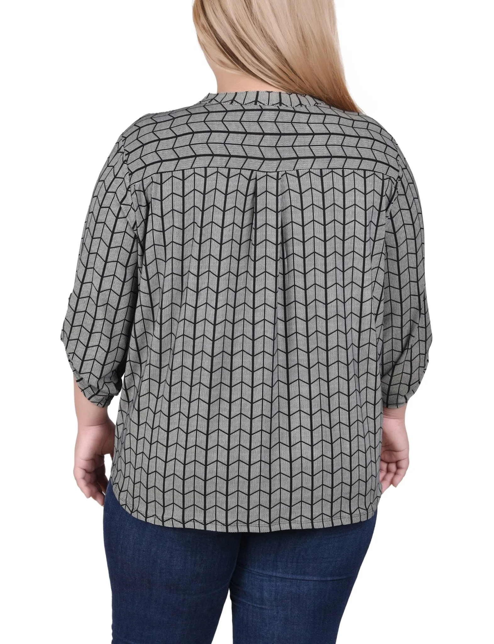Blk Wht Diagonal Stripe Dot Long Tab-Sleeve Top With Pockets - Plus sold by Dress Barn product image thumbnail 4