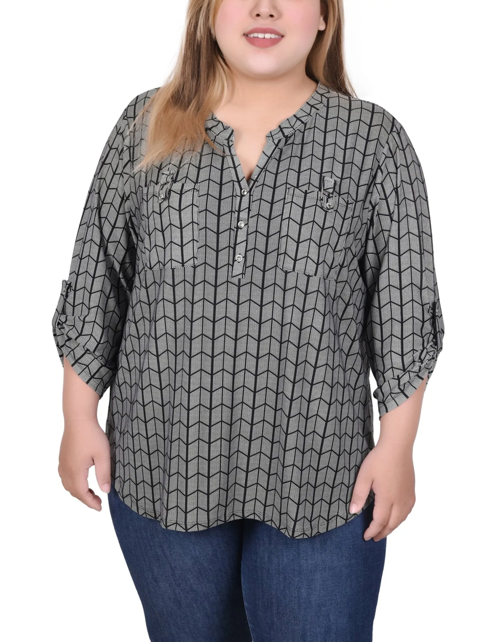 Blk Wht Diagonal Stripe Dot Long Tab-Sleeve Top With Pockets - Plus sold by Dress Barn