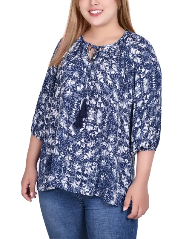 Navy Skyterrace 3/4 Sleeve Peasant Top With Tie Neckline - Plus sold by Dress Barn