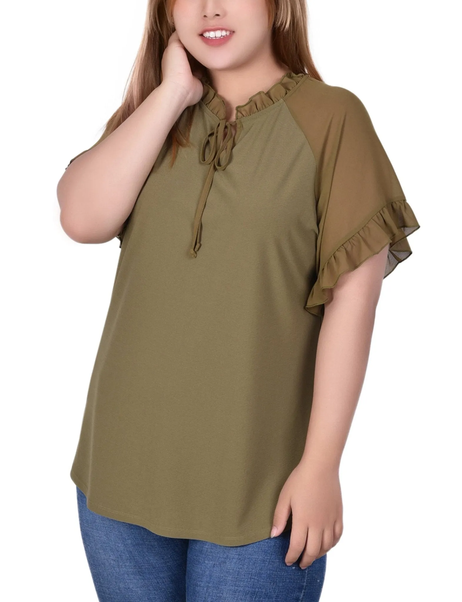 Martini Olive Short Ruffled Sleeve Crepe Knit Top With Chiffon Sleeves - Plus sold by Dress Barn