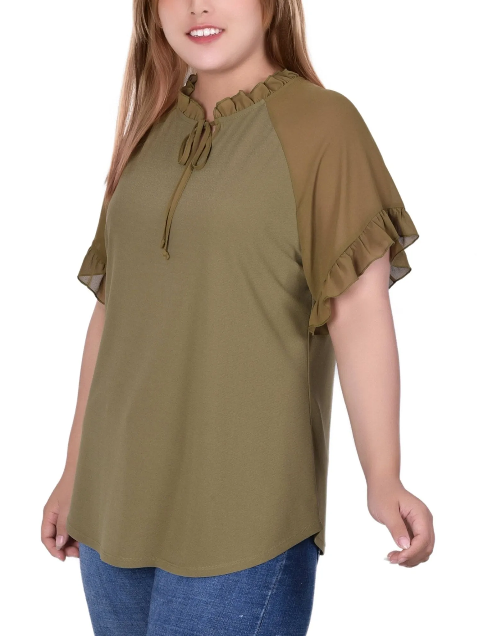 Martini Olive Short Ruffled Sleeve Crepe Knit Top With Chiffon Sleeves - Plus sold by Dress Barn product image thumbnail 2