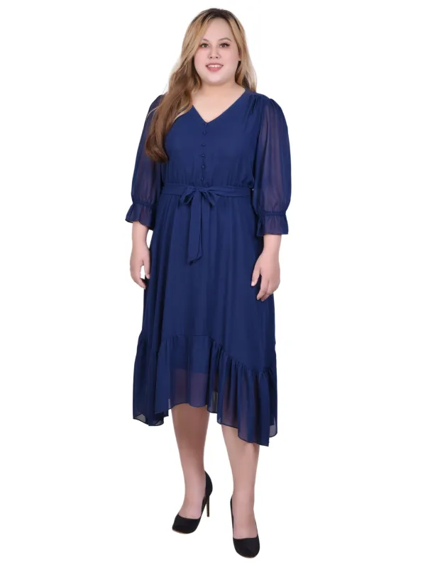 Navy 3/4 Sleeve V-Neck Flounced Dress - Plus sold by Dress Barn