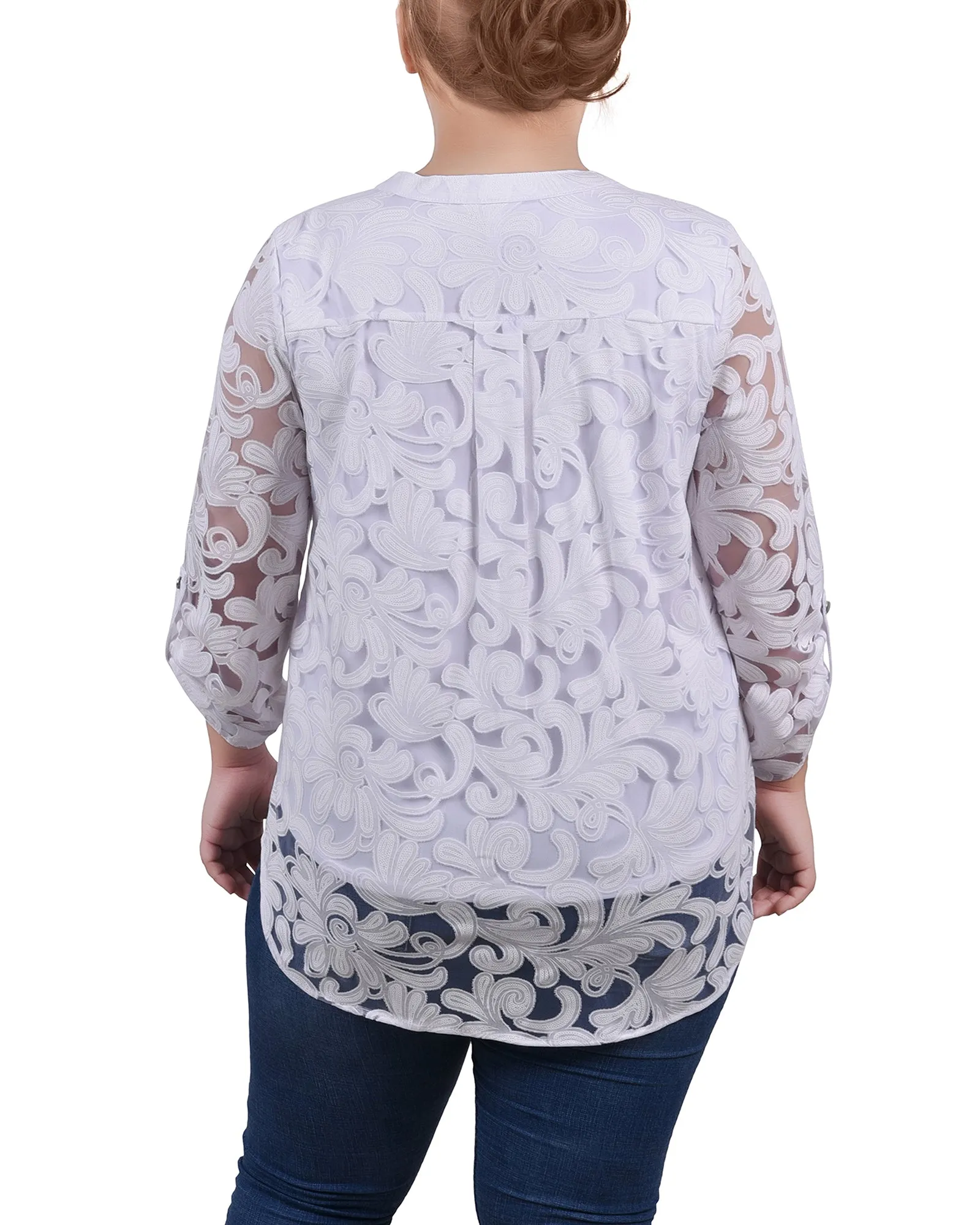 White Scrolleaf Long Sleeve Burnout Y Neck Blouse - Plus sold by Dress Barn product image thumbnail 4