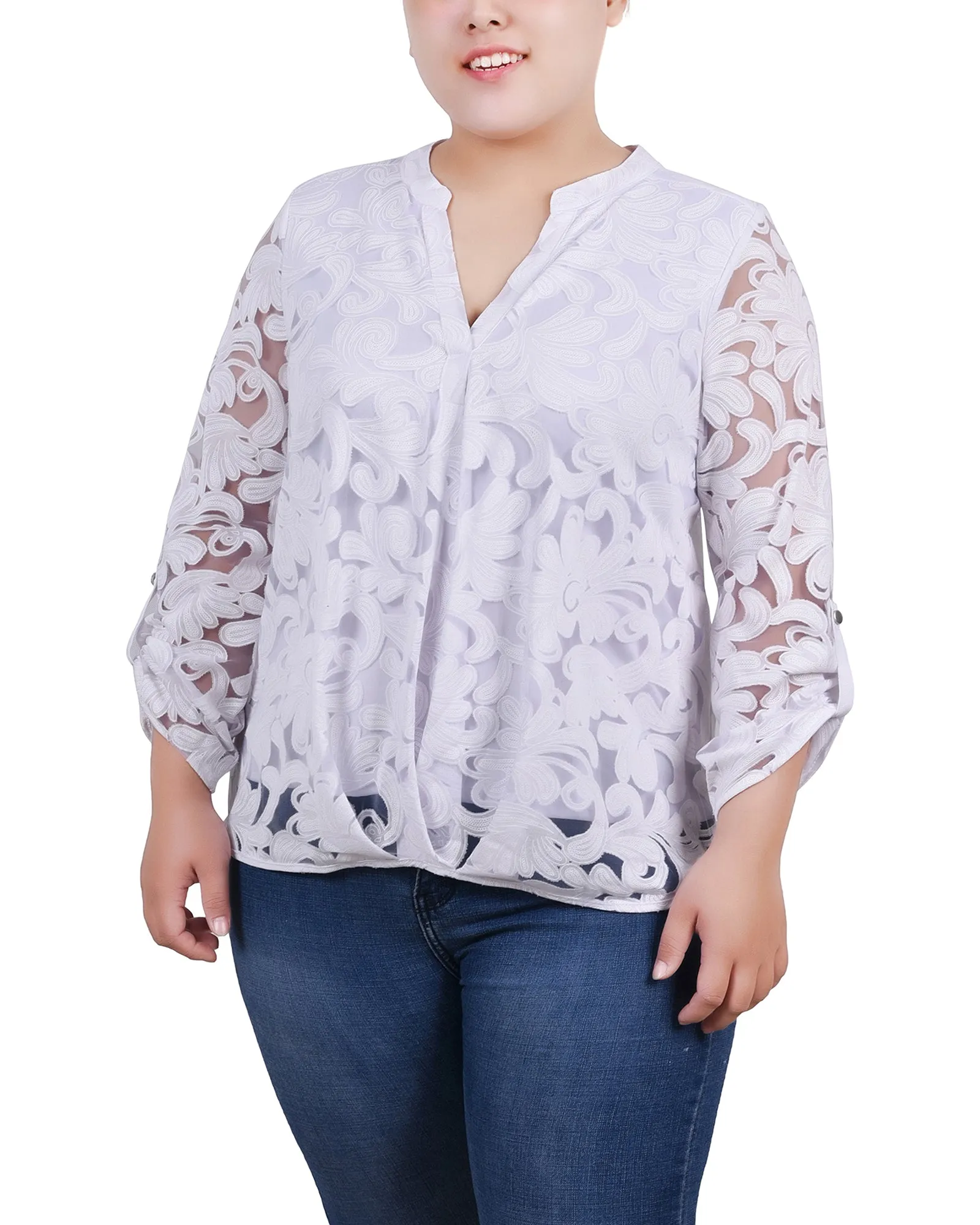 White Scrolleaf Long Sleeve Burnout Y Neck Blouse - Plus sold by Dress Barn