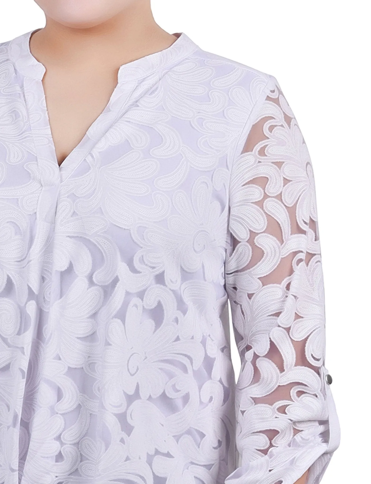 White Scrolleaf Long Sleeve Burnout Y Neck Blouse - Plus sold by Dress Barn product image thumbnail 3