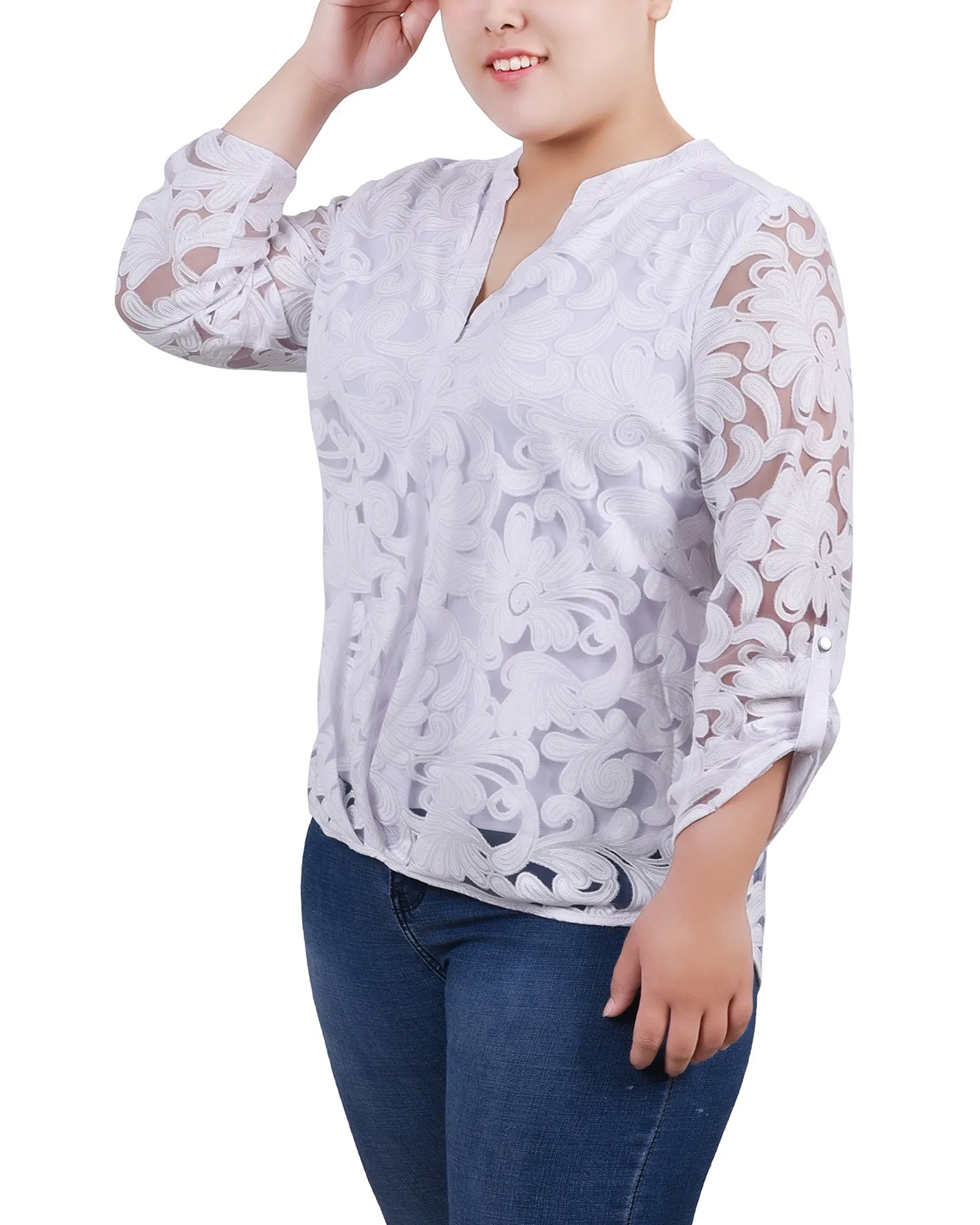 White Scrolleaf Long Sleeve Burnout Y Neck Blouse - Plus sold by Dress Barn product image thumbnail 2