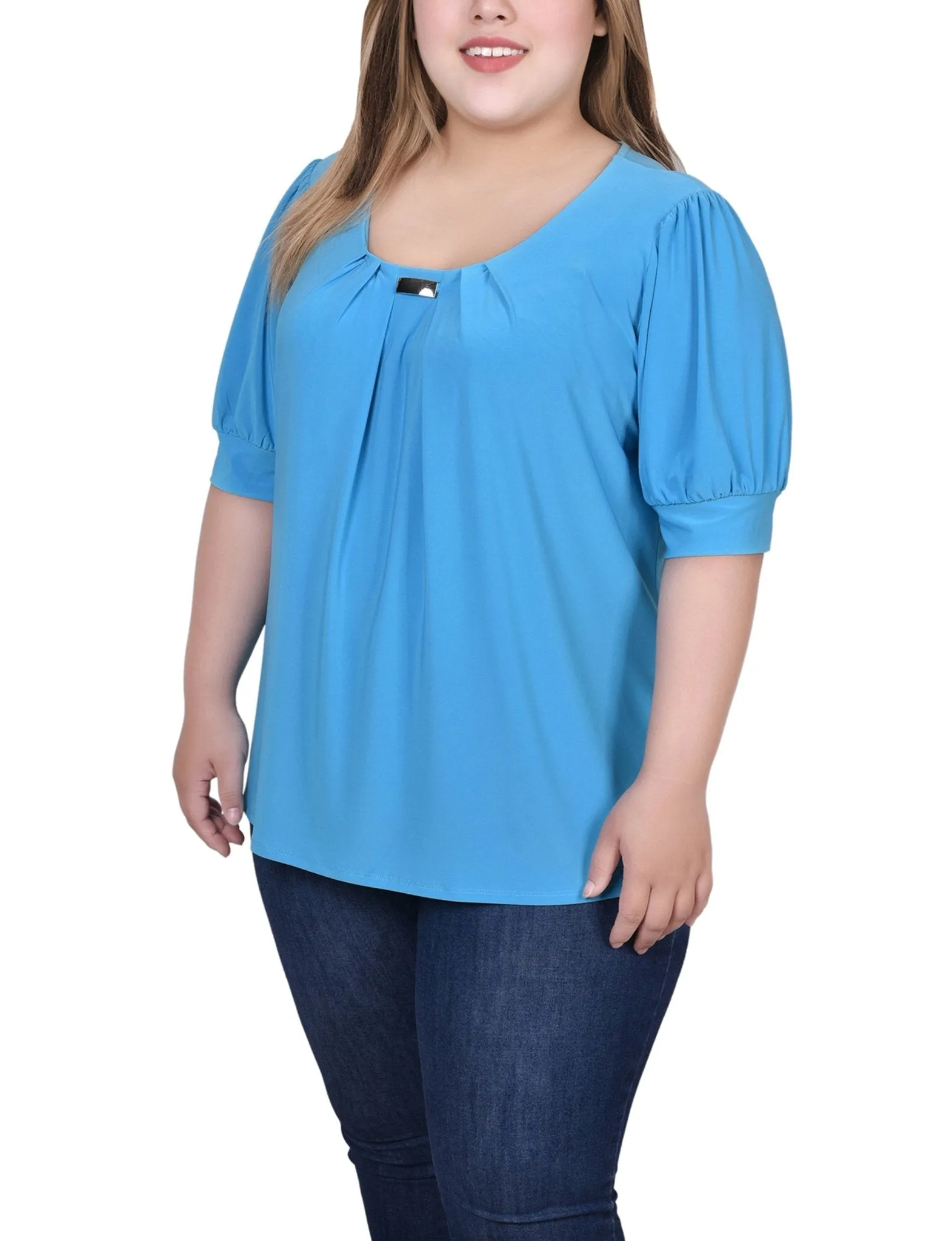 Electric Blue Short Sleeve Balloon Sleeve Top With Hardware - Plus sold by Dress Barn product image thumbnail 2