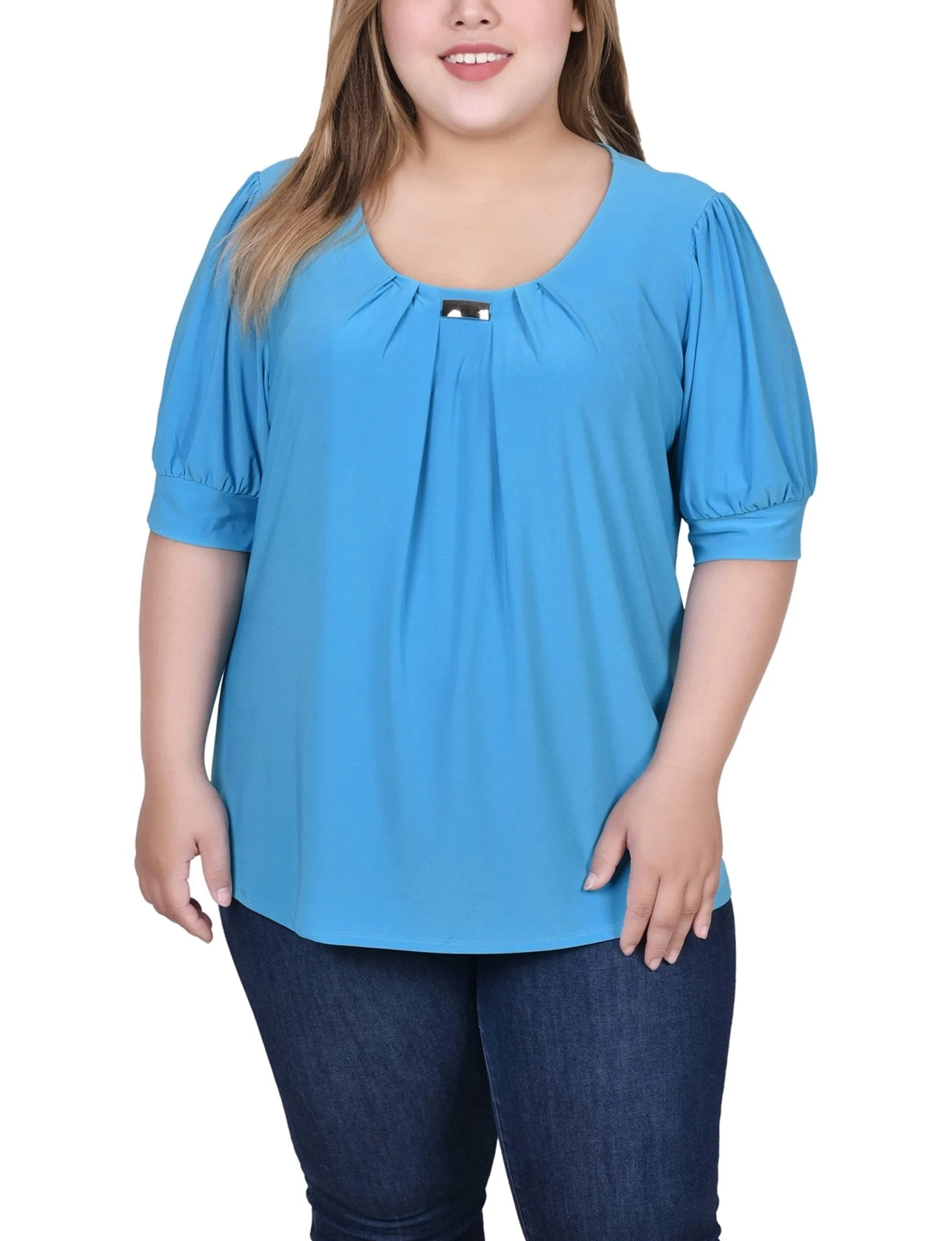 Electric Blue Short Sleeve Balloon Sleeve Top With Hardware - Plus sold by Dress Barn