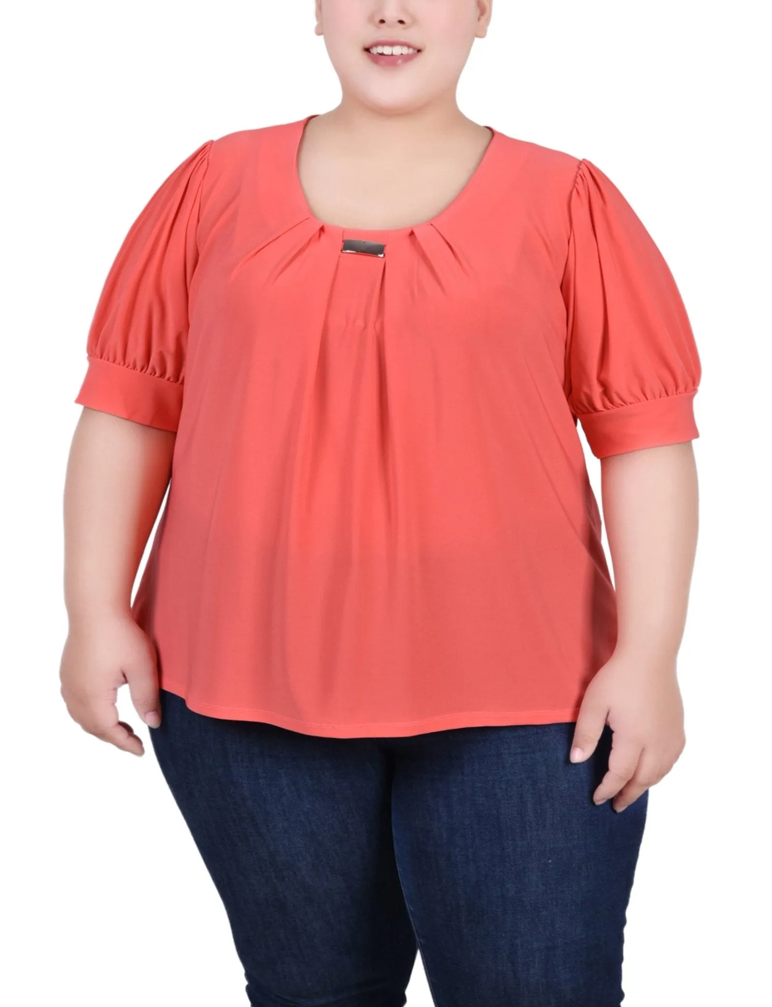 Calypso Coral Short Sleeve Balloon Sleeve Top With Hardware - Plus sold by Dress Barn