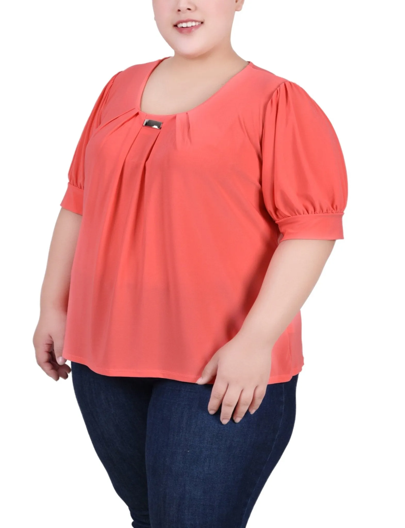 Calypso Coral Short Sleeve Balloon Sleeve Top With Hardware - Plus sold by Dress Barn product image thumbnail 2